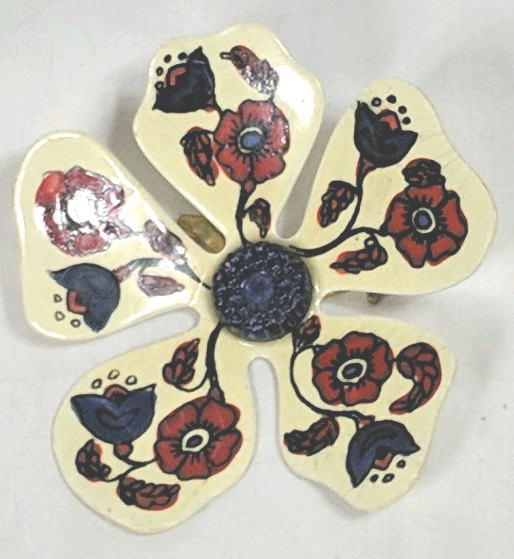 W Germany Flower Brooch Ceramic Hand Painted Traditional Floral Design Red Blue