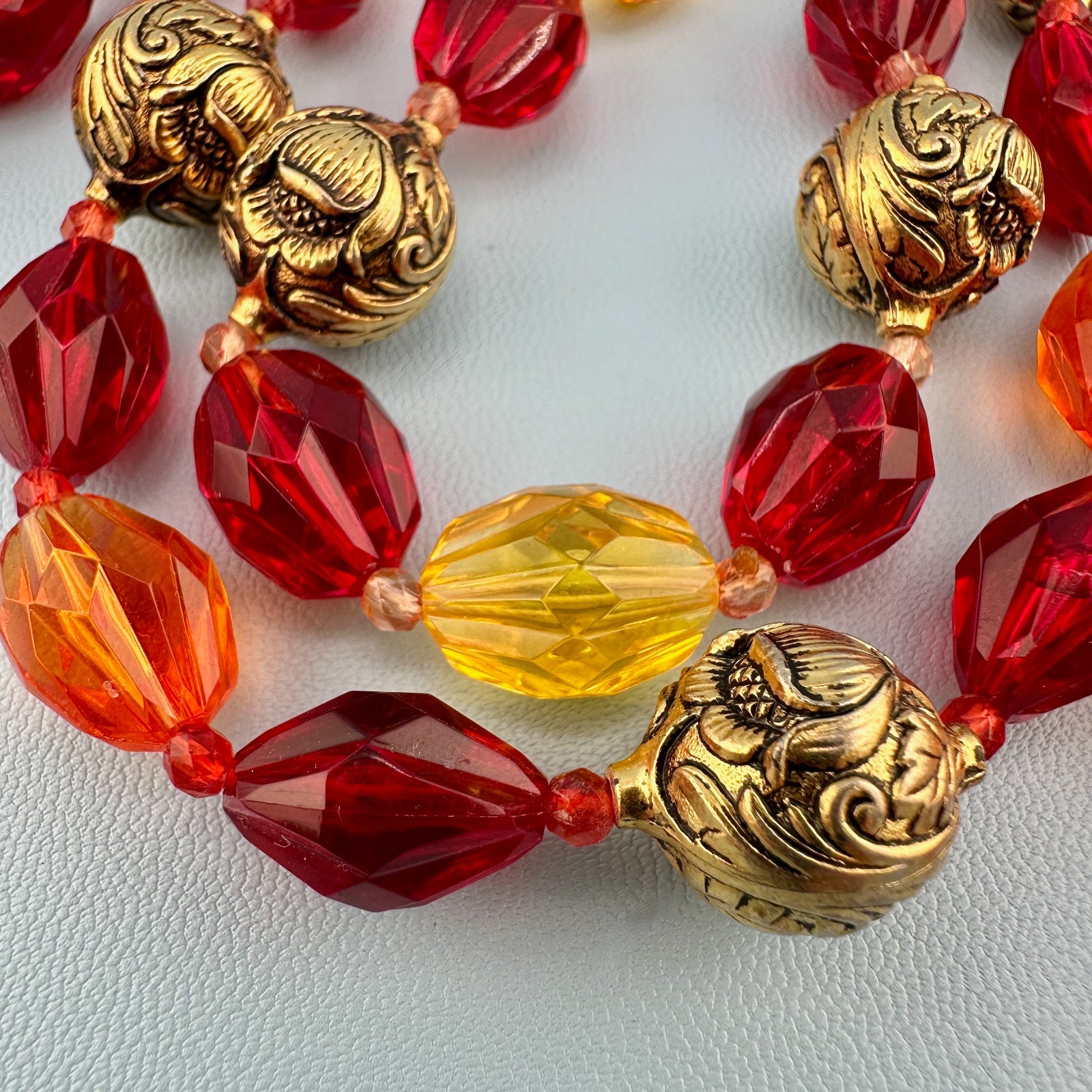 Vintage Lucite Bead Gypsy Necklace Faceted Red Orange Gold Tone Floral 46″ Boho