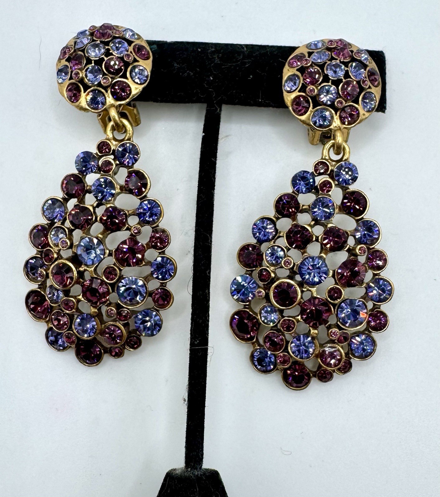 Vintage Oscar de La Renta Gold-Tone With Blue & Purple Crystal Drop Earrings