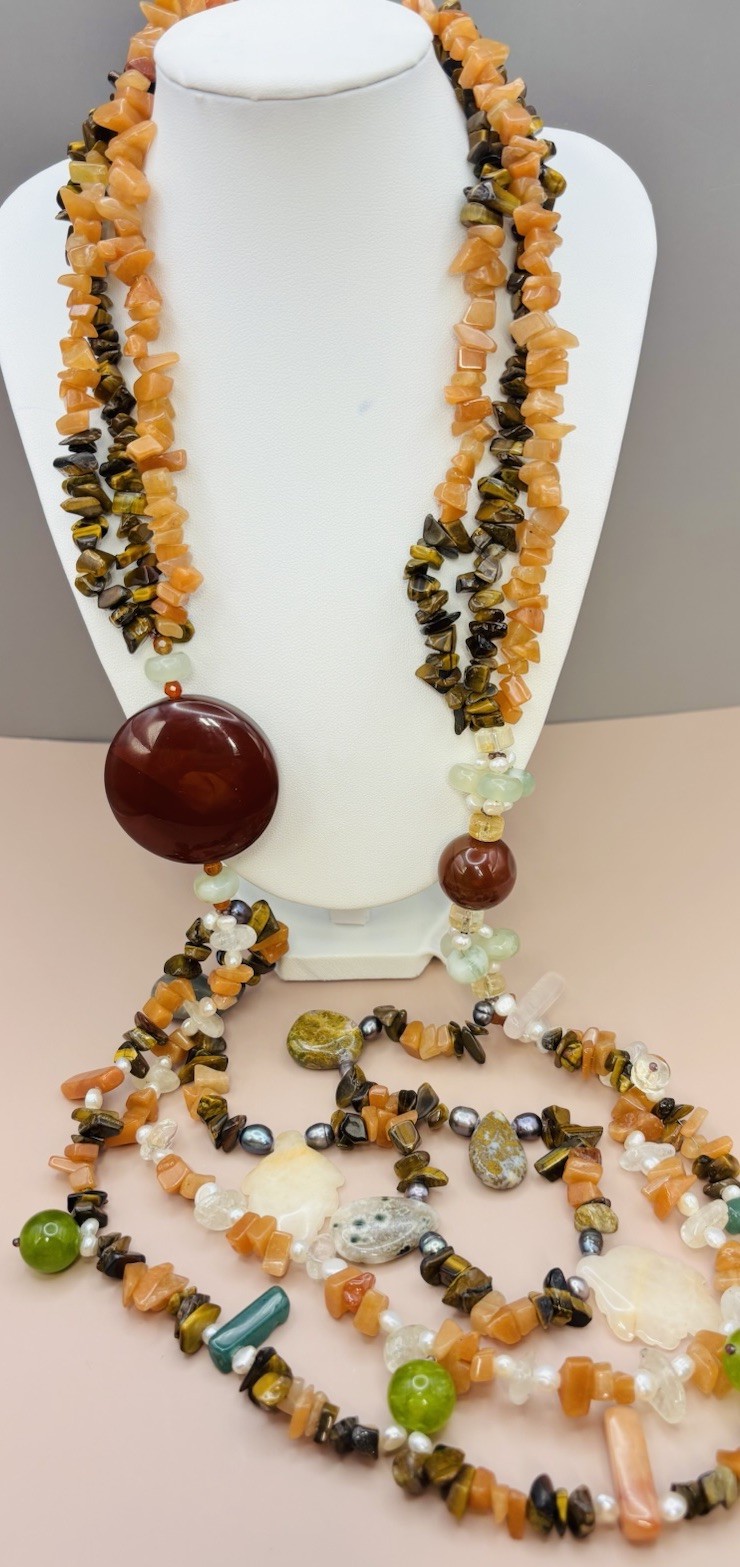 Vintage Natural Gemstone Multi Strand Boho Tigers Eye Carnelian Pearl 28”