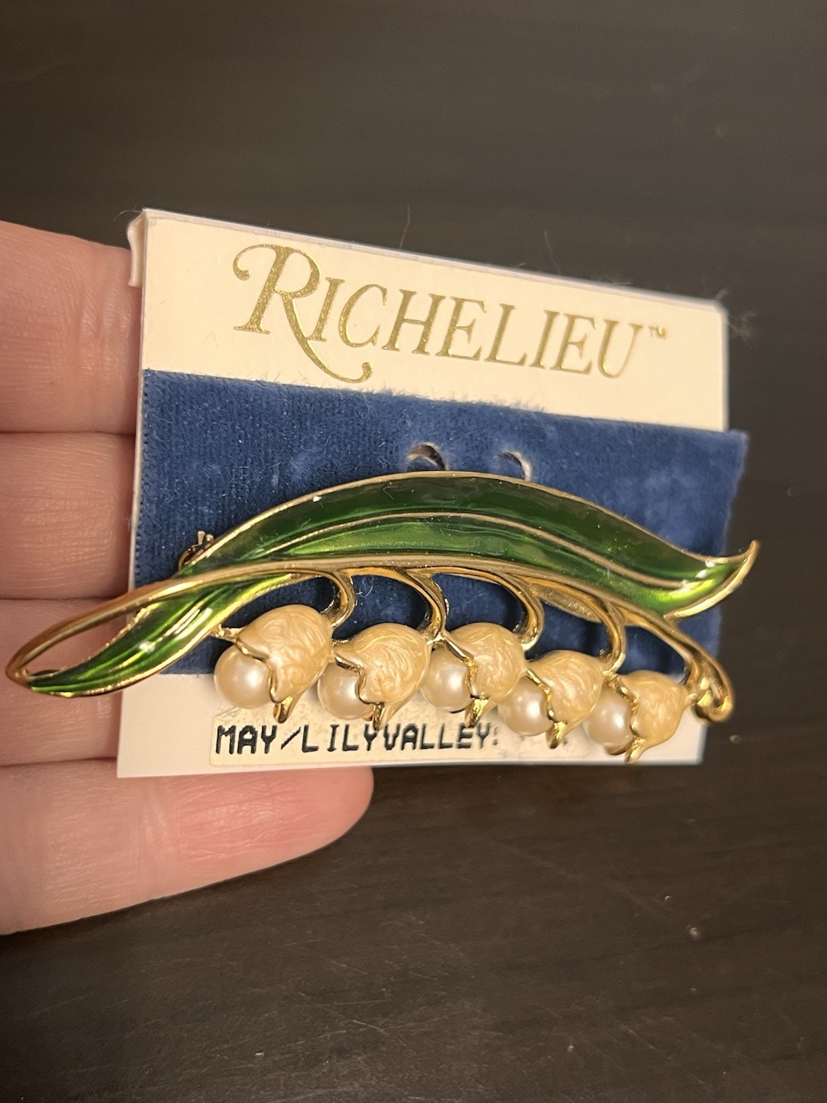 Vintage Richelieu Green Enamel Faux Pearl Lily of the Valley Flower Brooch New!