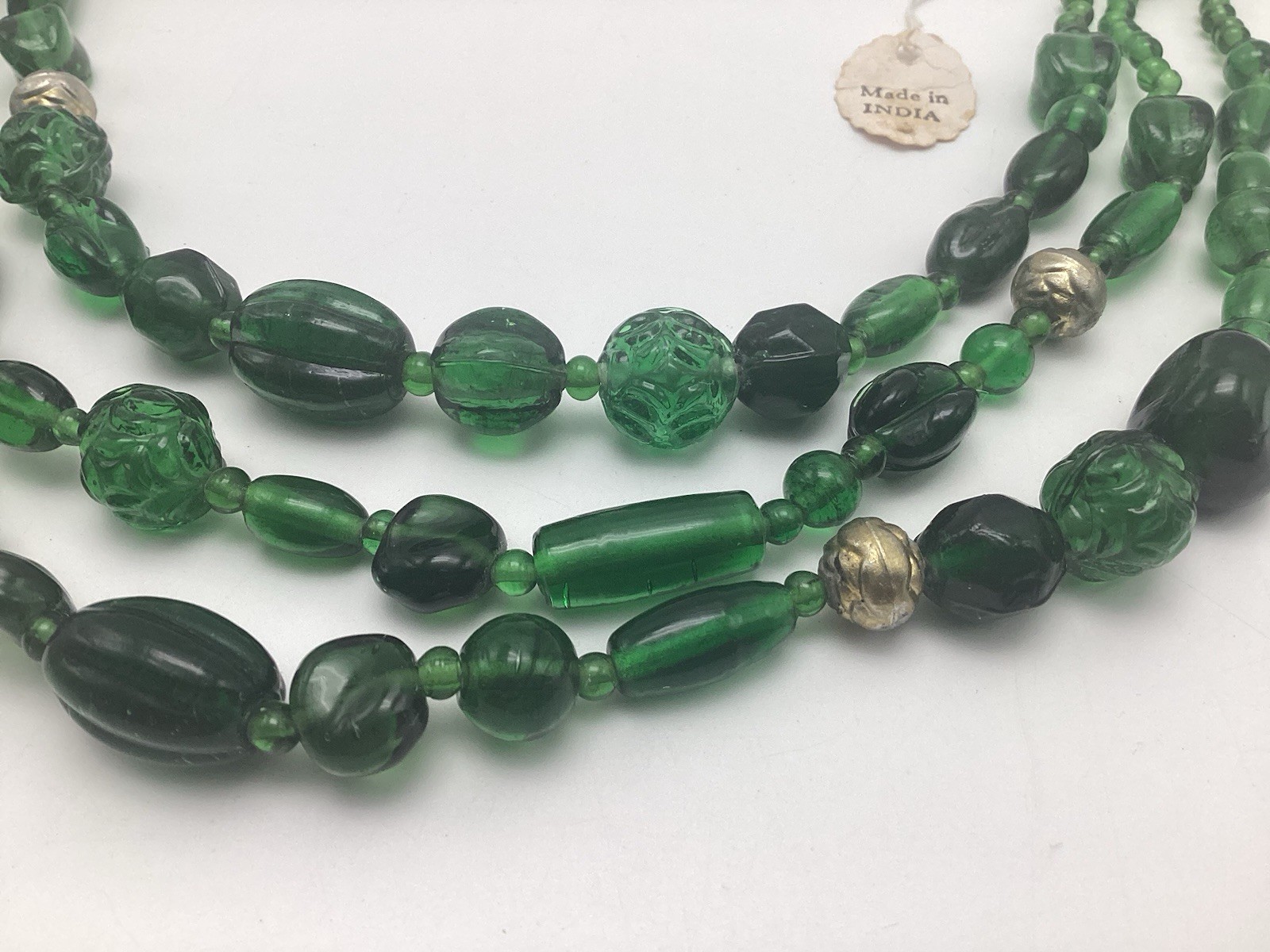 Vintage Emerald Green Glass Beaded Multi 3 Strand Necklace Made In India 19”