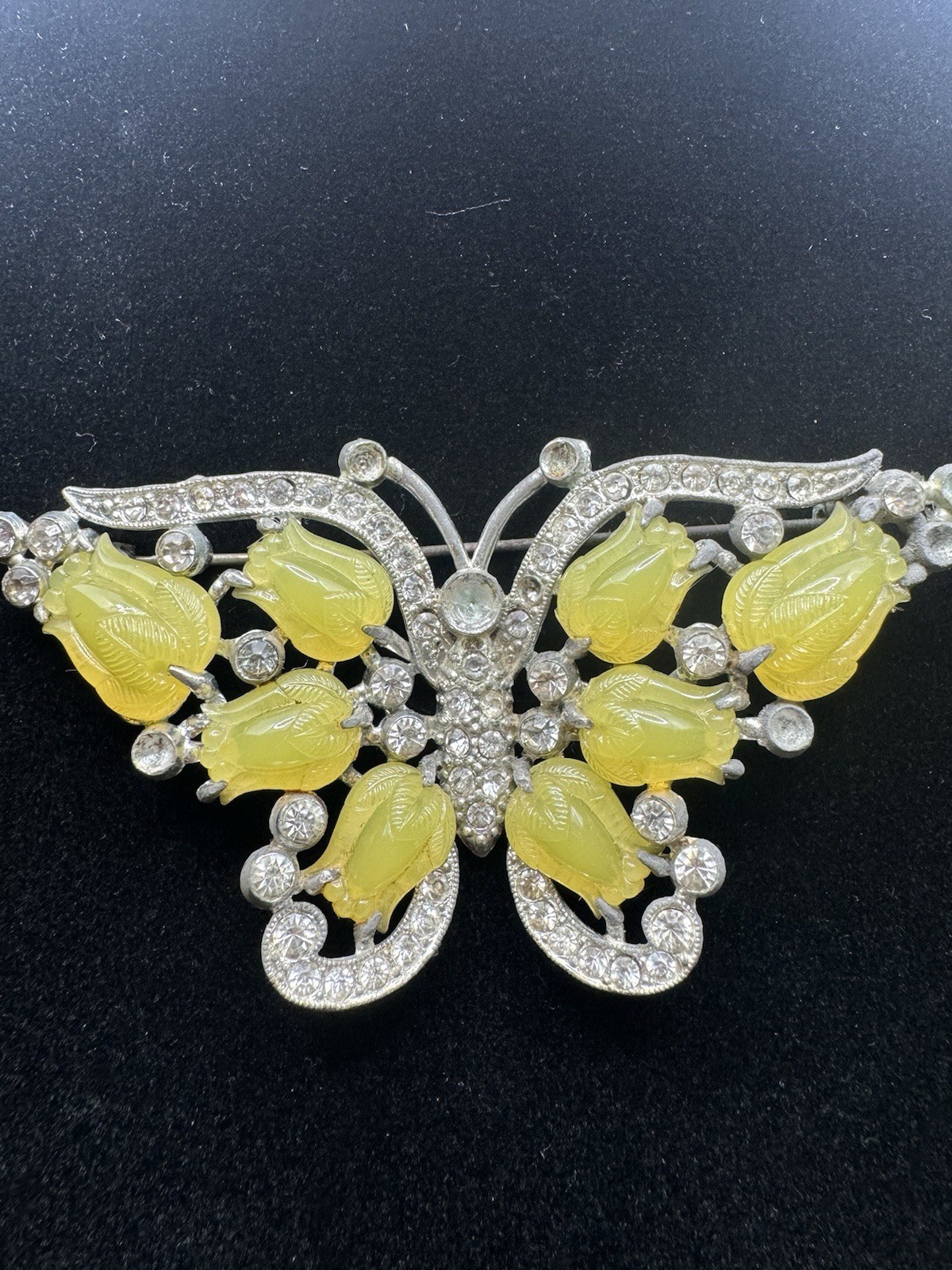 RAREST VTG Vintage Costume Yellow Glass Fruit Salad CURVED BUTTERFLY BROOCH AS I