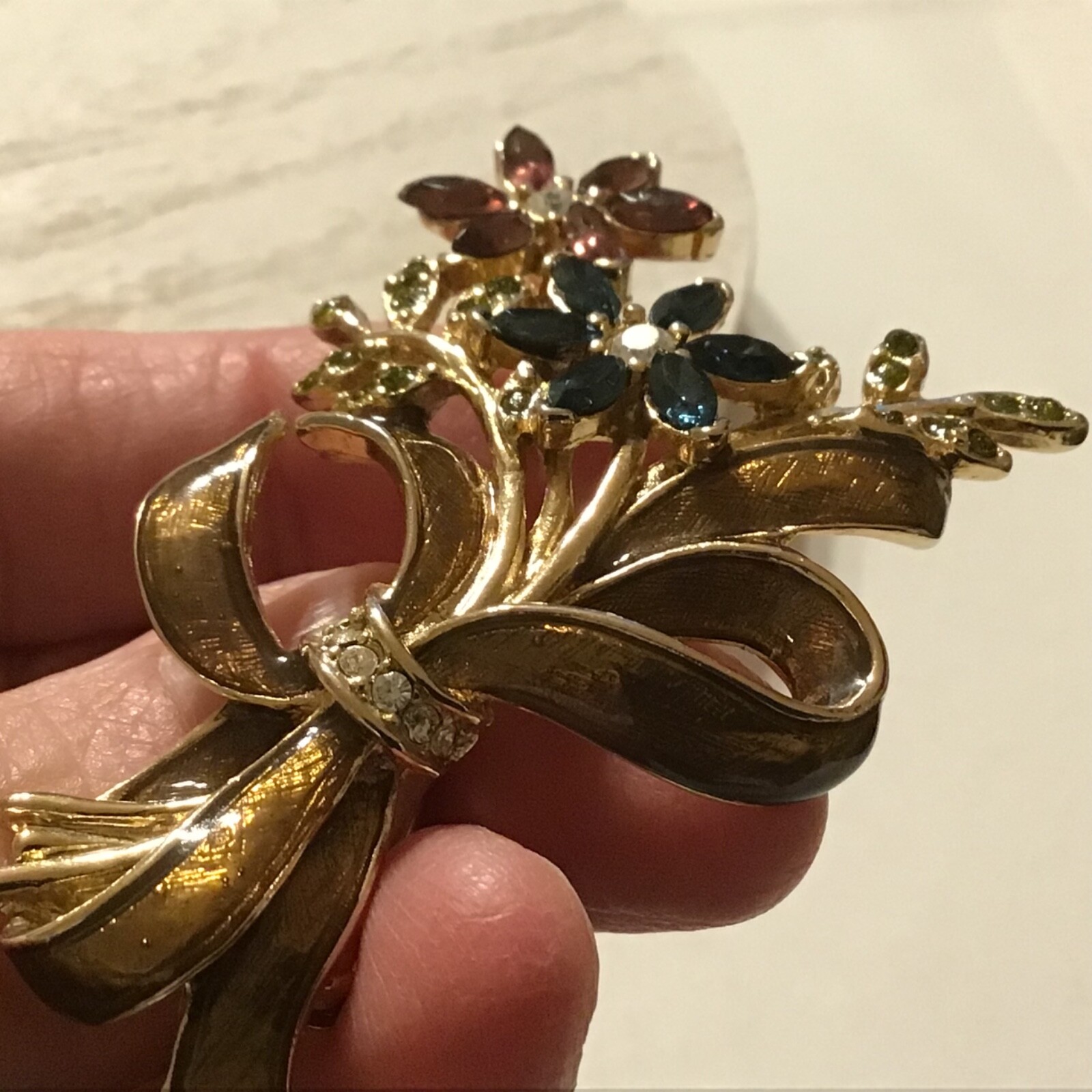 VTG Monet Rhinestone Floral Bouquet Brooch Faux Amethyst Peridot Sapphire Estate