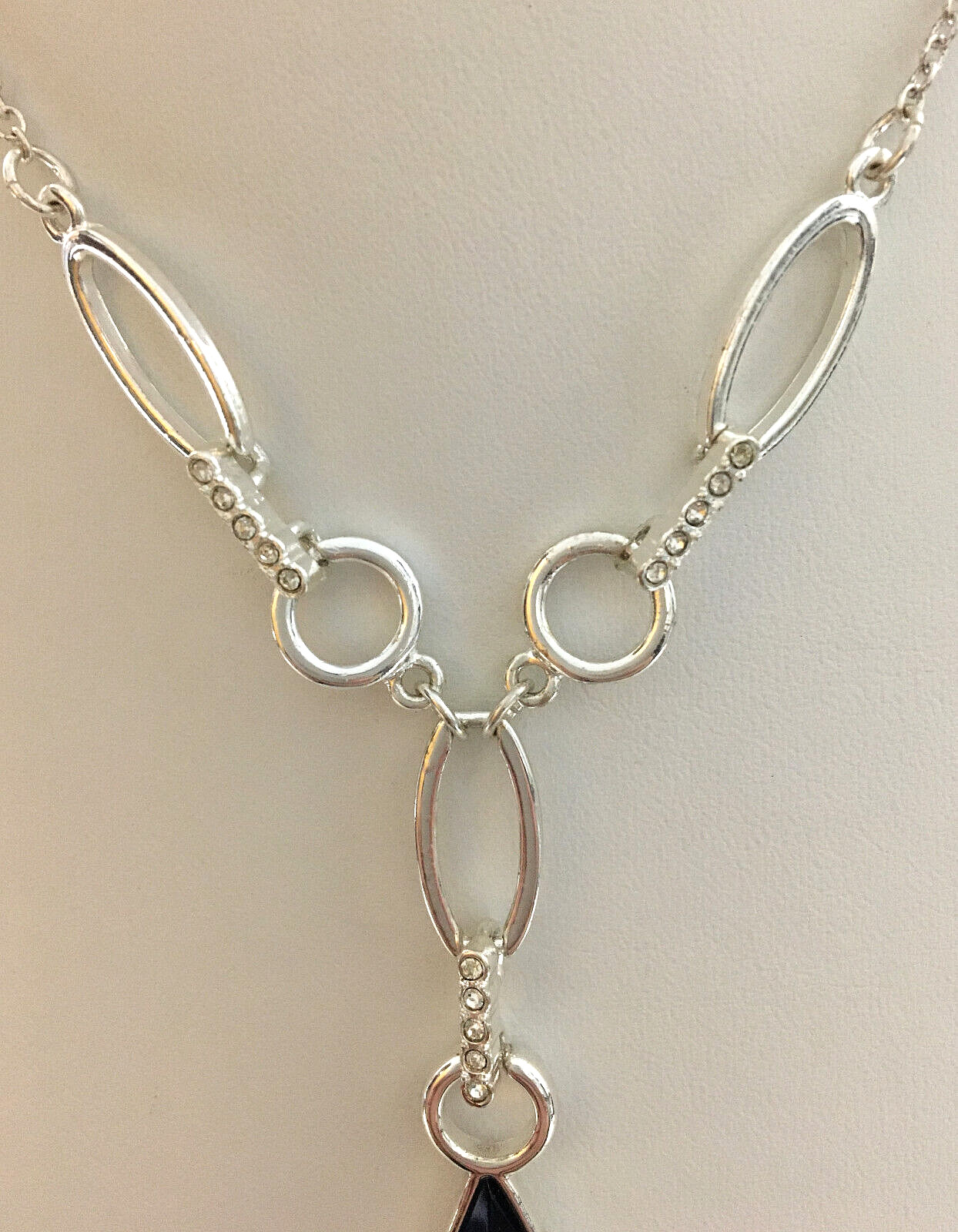 Silver Tone Necklace Blue Faceted Teardrop Pendant And Clear Rhinetone Accents