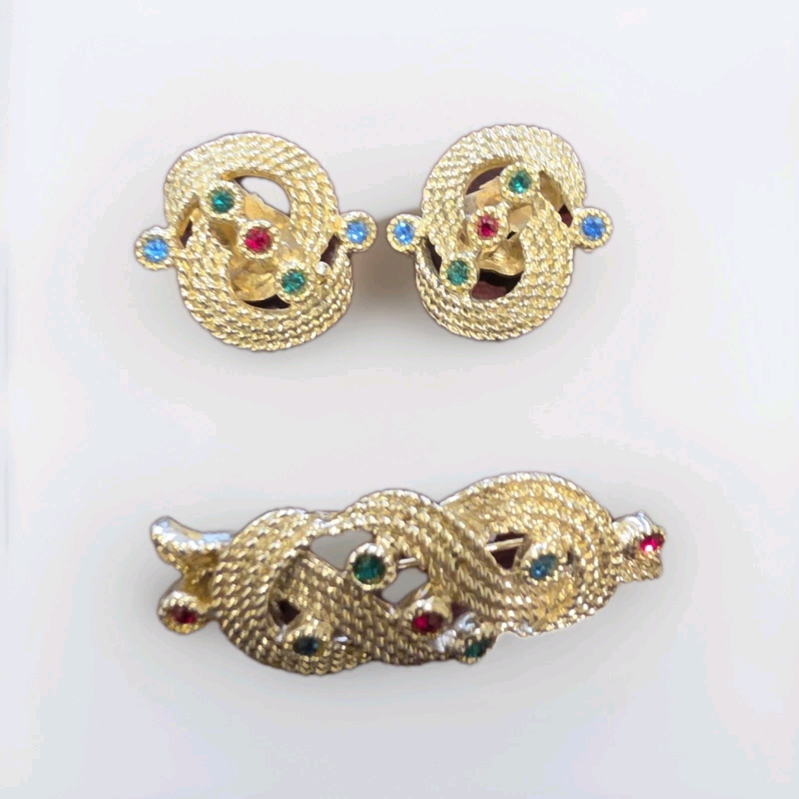 Vintage Gold Tone Snake Brooch & Clip Earrings Set Rhinestone Serpent Knot