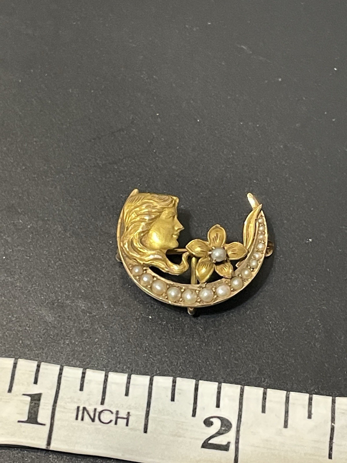 Vtg Brooch Pin Art Nouveau Deco 14K Gold Sees Pearl Woman Crescent Moon Flower
