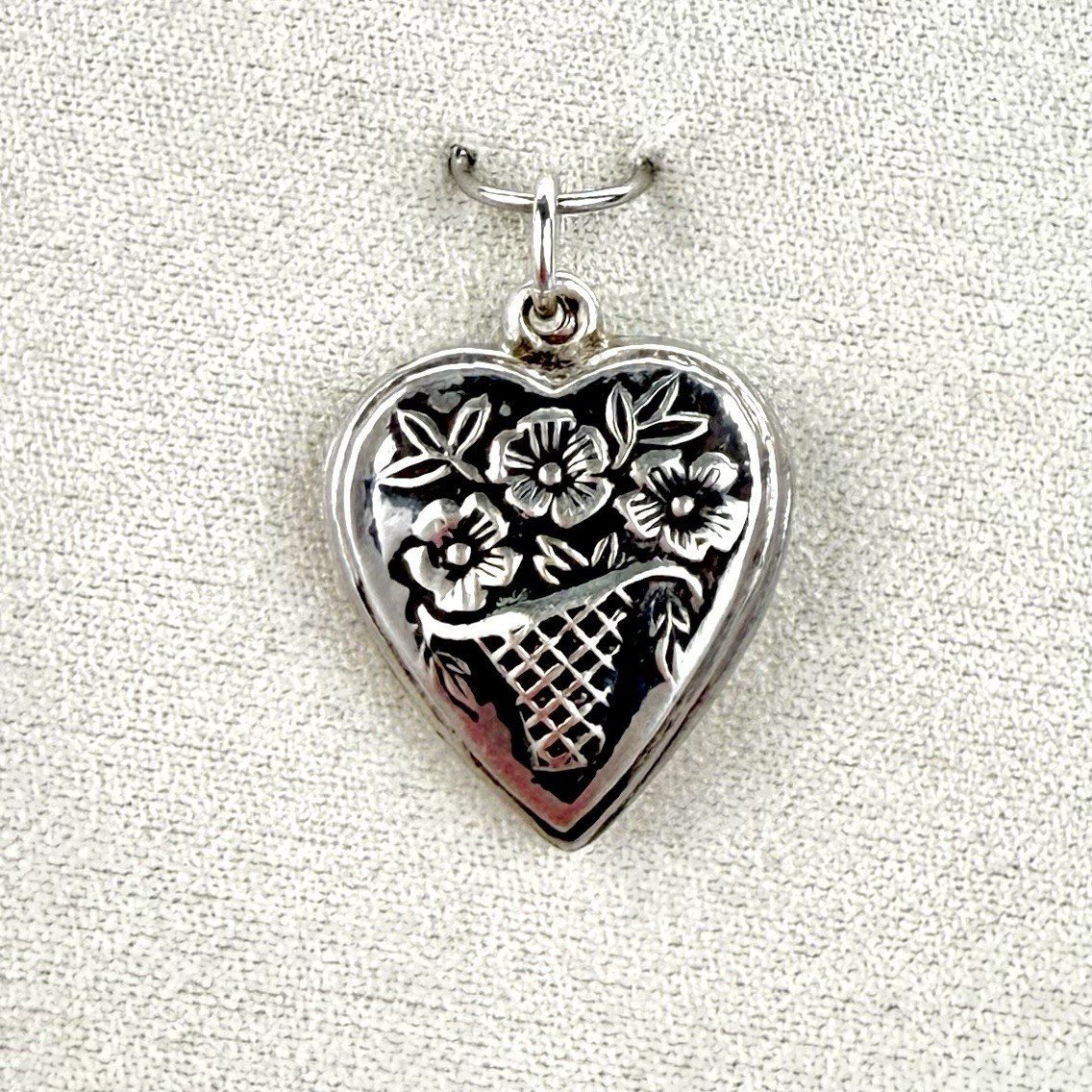 Vintage Flower Bouquet Puffy Heart Charm 925 Sterling Silver 1940s Basket Floral