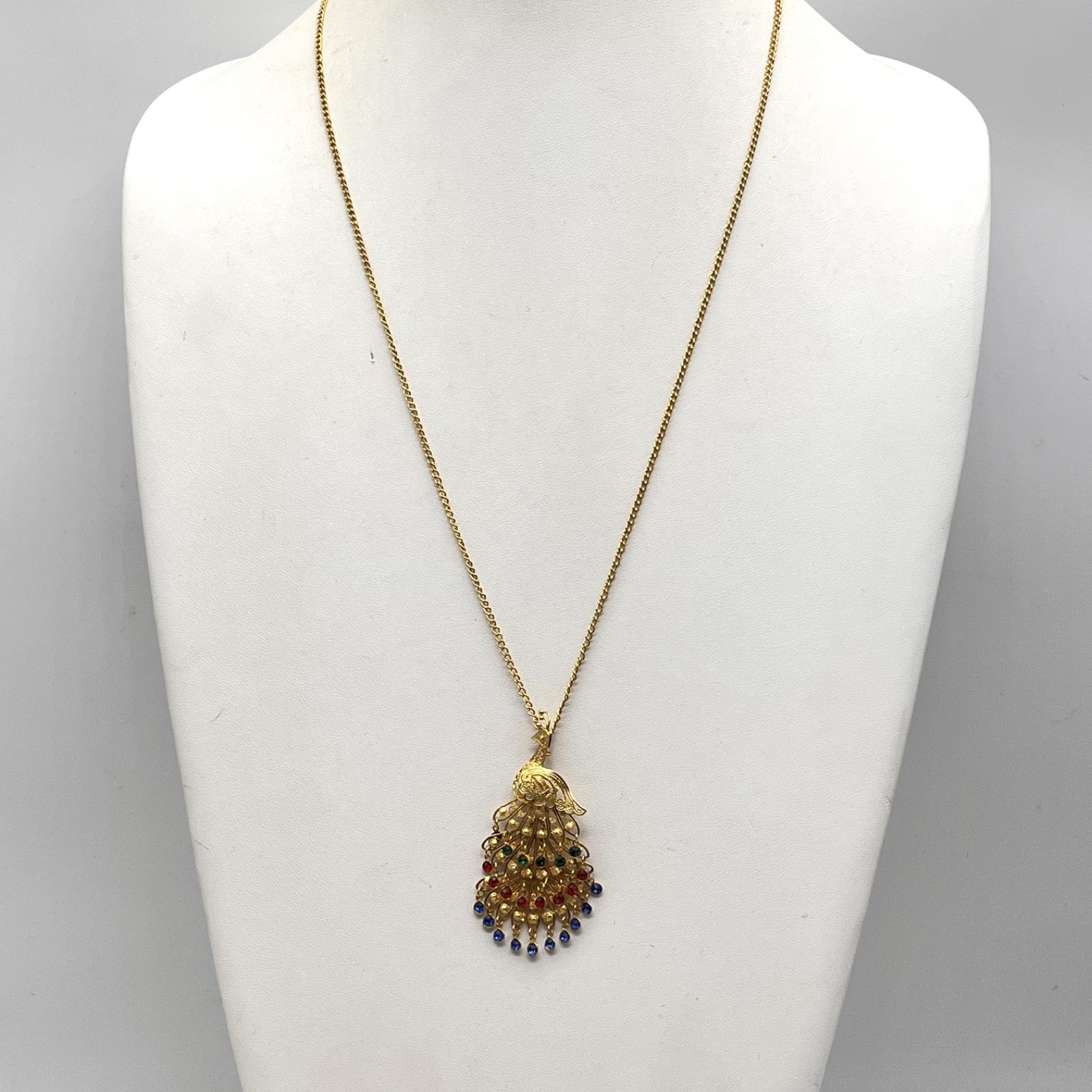 Vintage Peacock Necklace Filigree Pendant Brooch Combo Gold Tone 24″