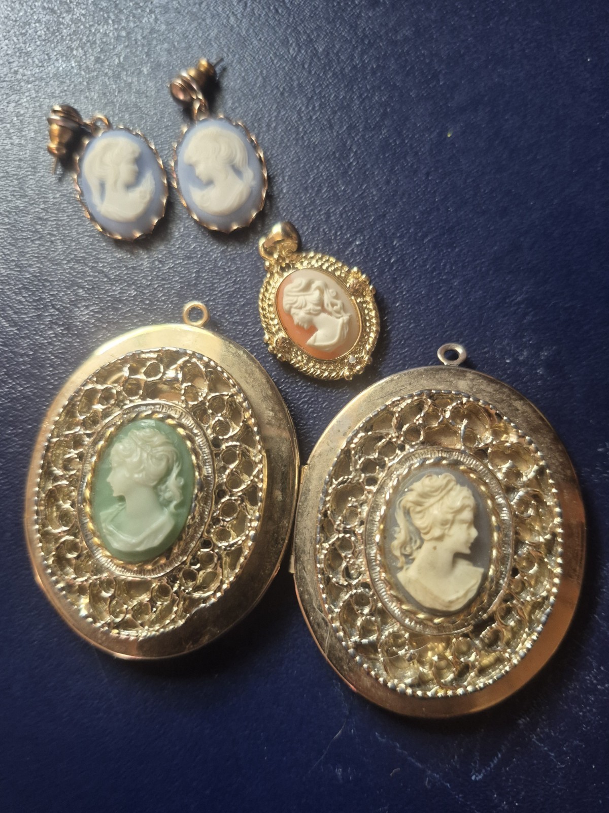 Vintage Lot Of Cameos. Earrings, 2 Lockets, Pendent. Great Condition
