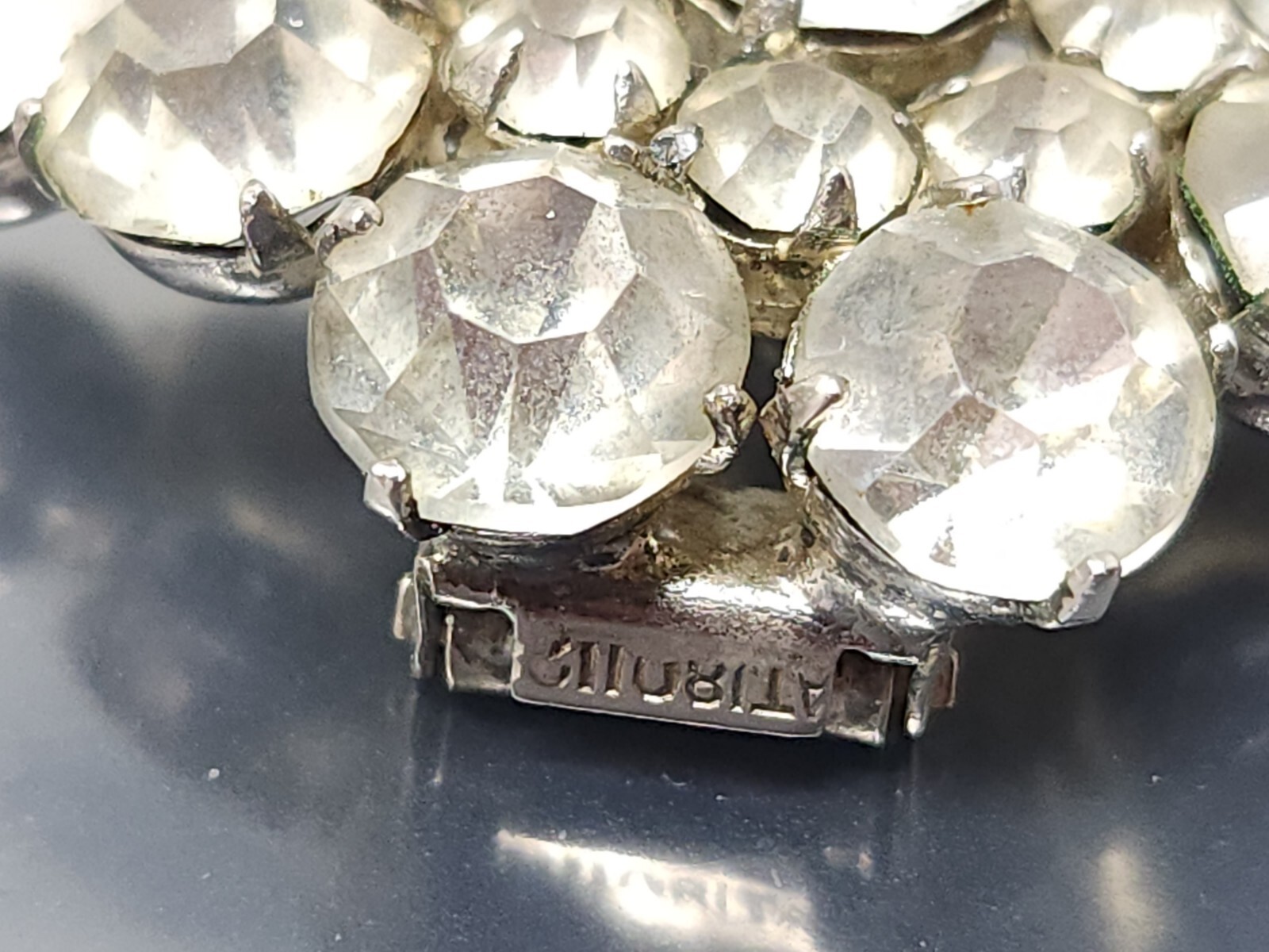 Vintage White Rhinestone Silver tone Clip on Brooch