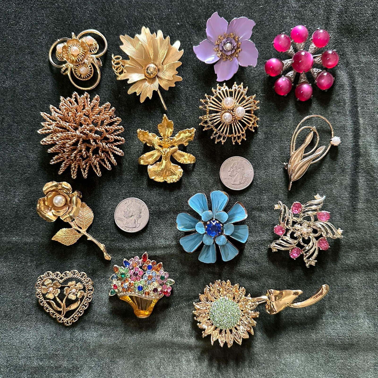 14 Vintage Flower Brooch Lot W/ Enameled Moonglow Sunflower Orchid Lisner Pavé
