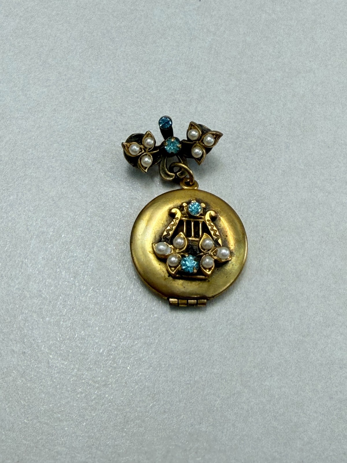 Vintage Gold Tone Locket Pendant Blue Rhinestone Faux Pearl Charm