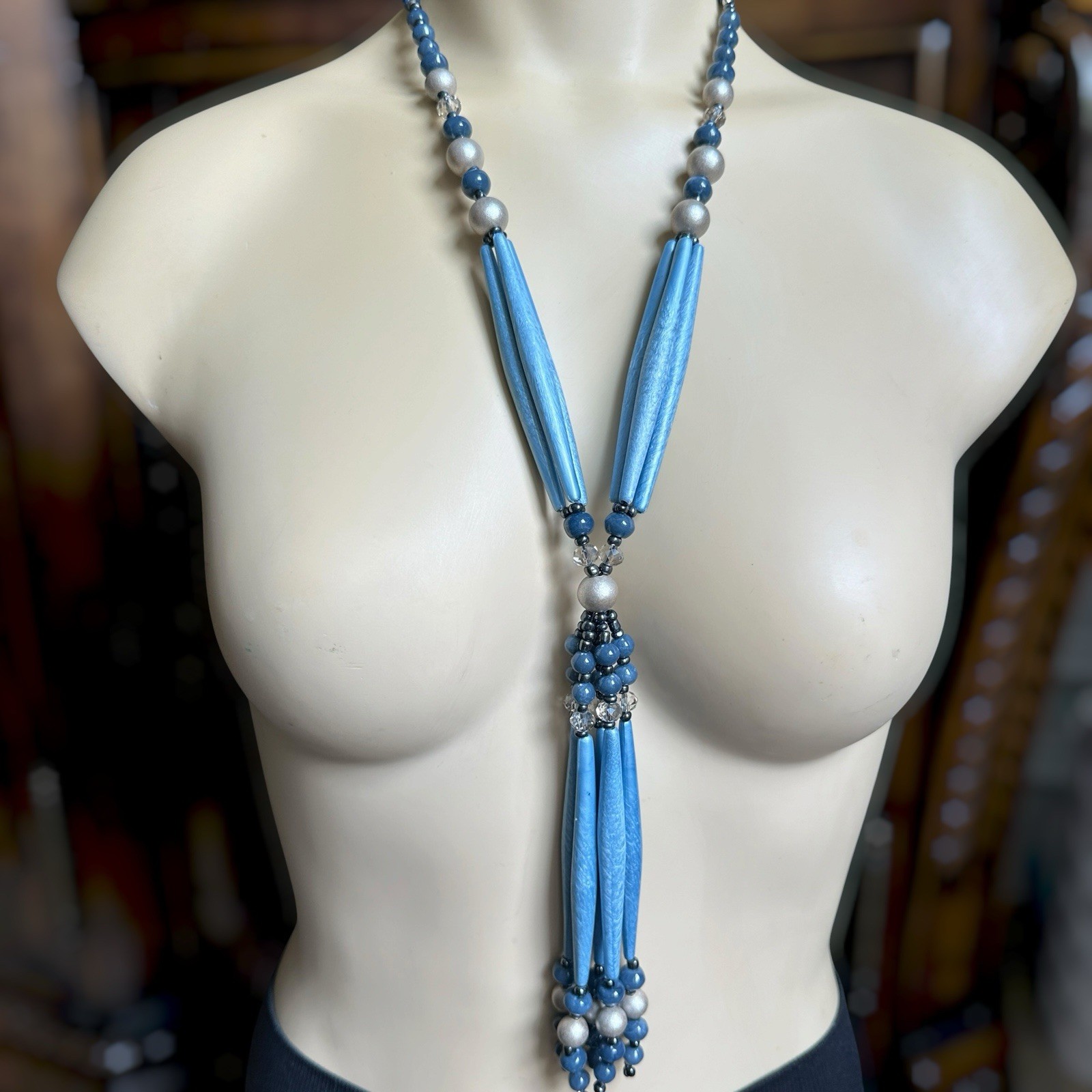 Chicos Statement Waterfall Necklace 29 Inch Acrylic Crystal Beaded Blue Silver