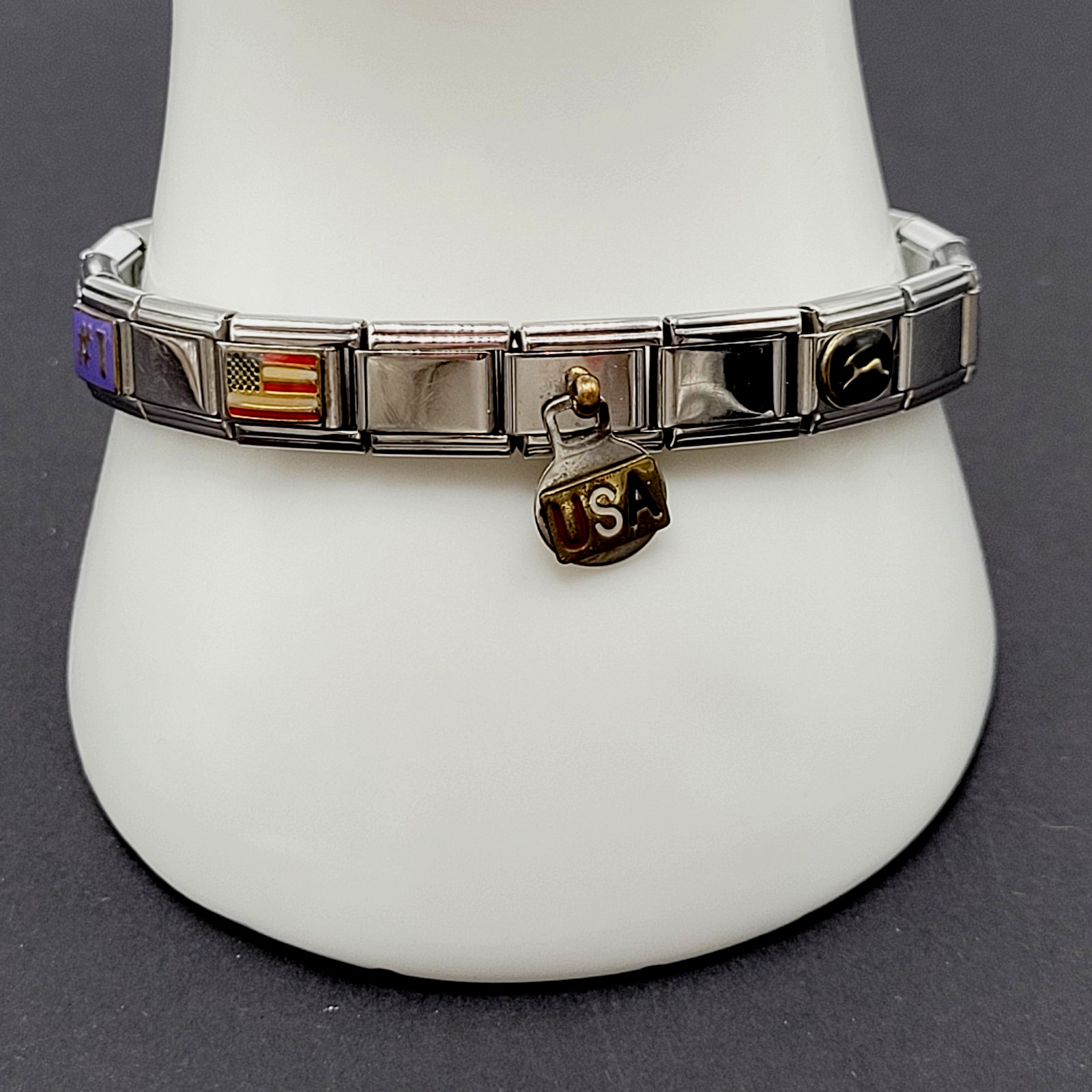Vintage Italian Style Modular Stainless Steel Charm Bracelet w Mom USA Flag Dog