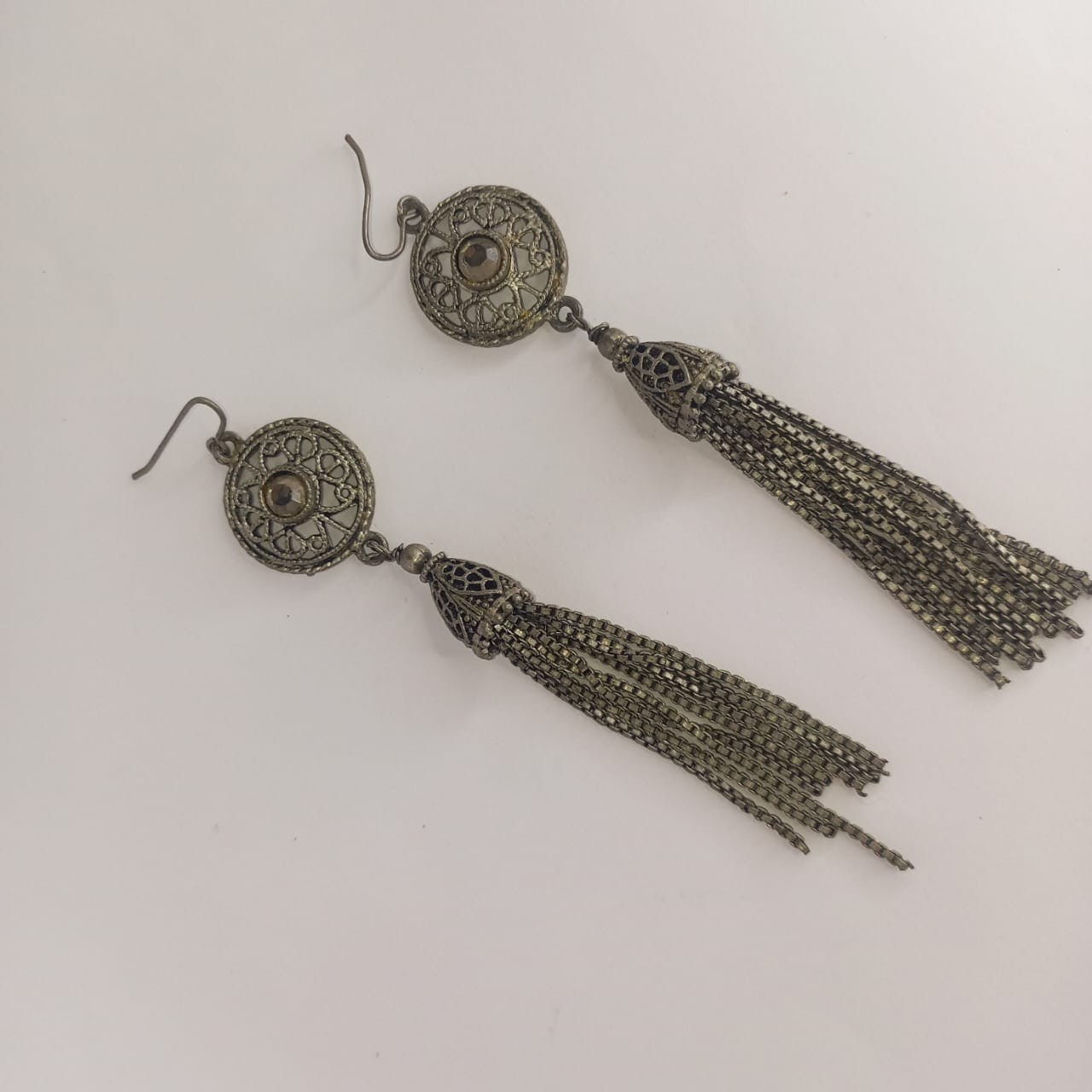 **Vintage Filigree Tassel Drop Earrings Silver Tone Statement Dangle Jewelry**