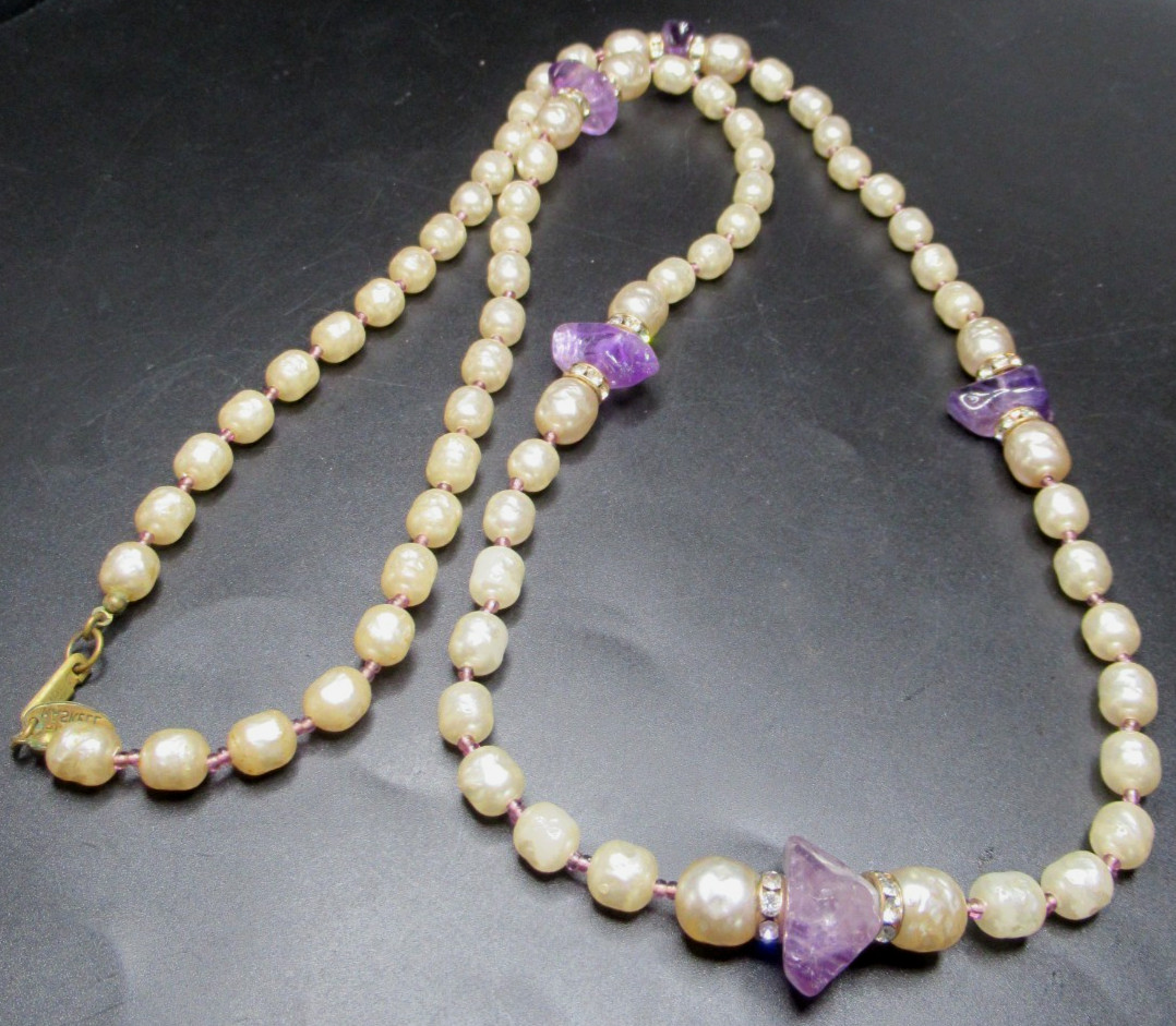 MIRIAM HASKELL Baroque Style Pearl Genuine Amethyst Sautoir Vintage Necklace