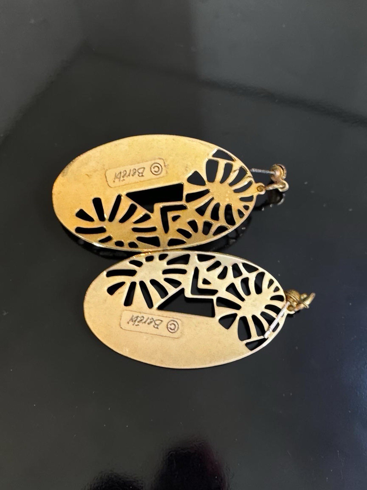 Vintage Signed Edgar Berebi Red Enamel Over Gold Tone Cut Out Dangle Earrings