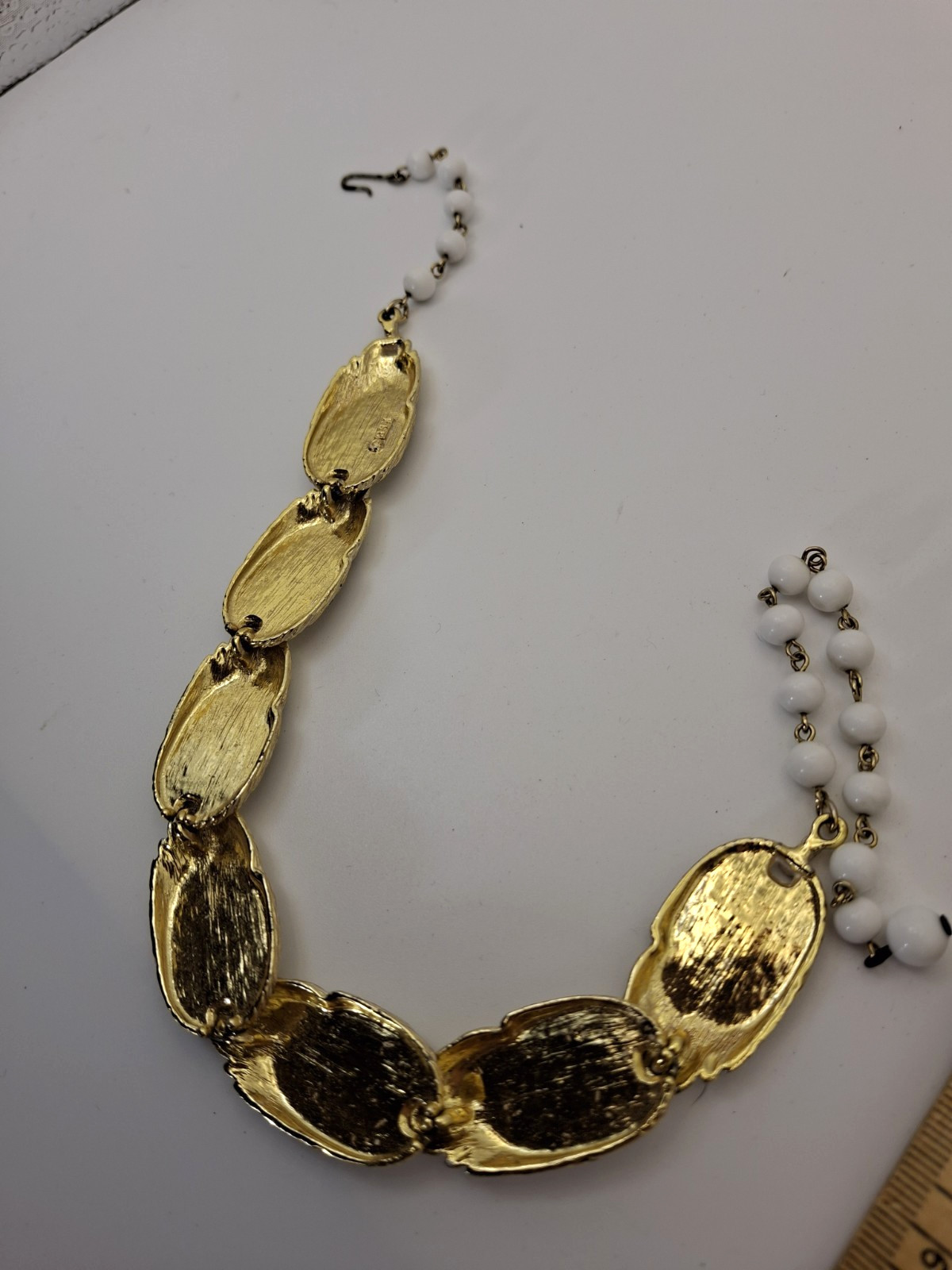 Vintage BSK Collar Link Necklace White Enamel Log Slices Trees Cabincore Nature