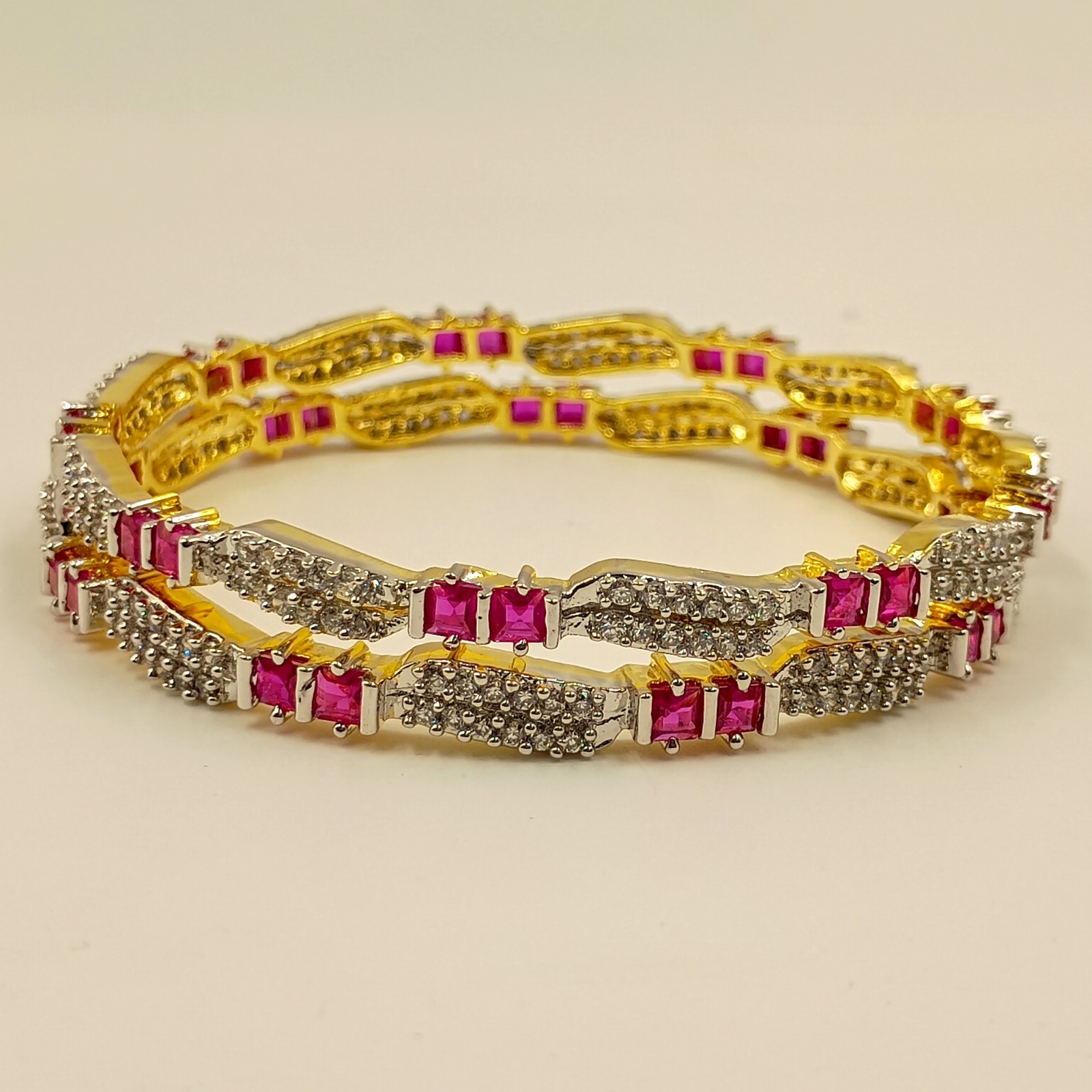 Designer Ruby & Cubic Zirconia Bangle Set Handmade 22K Gold Plated Ethnic Style