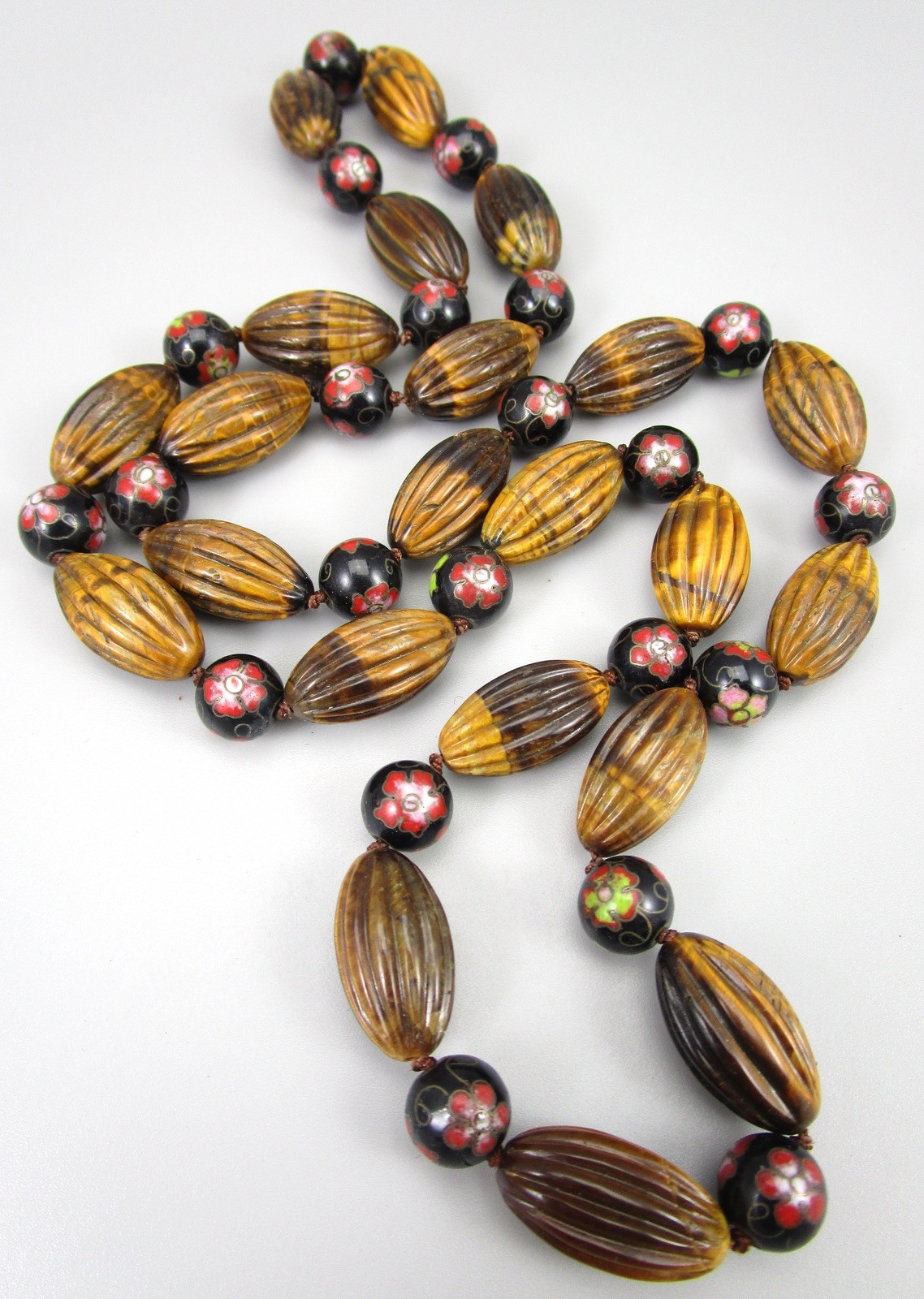 BEAUTIFUL 29″ CARVED TIGER’S EYE CLOISSONE KNOTTED BEAD NECKLACE