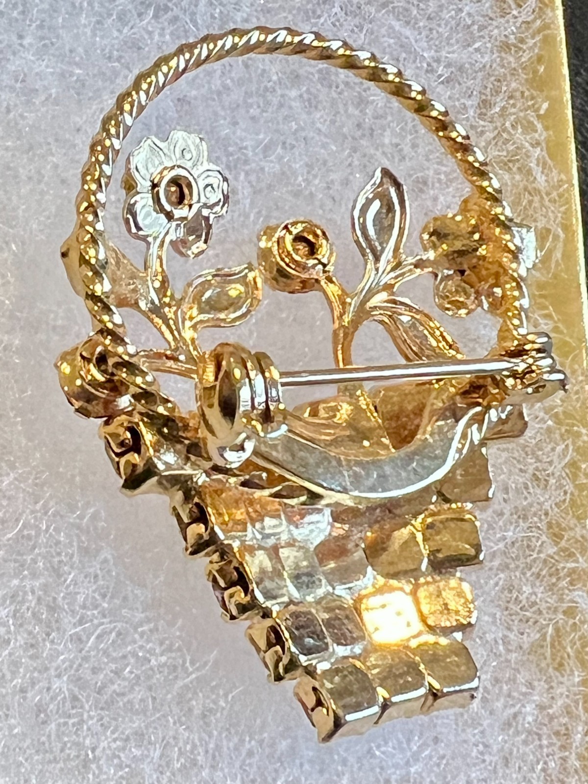 Vintage 60s Flower Basket Rhinestones Gold Tone Colorful Brooch Pin Uranium Glow