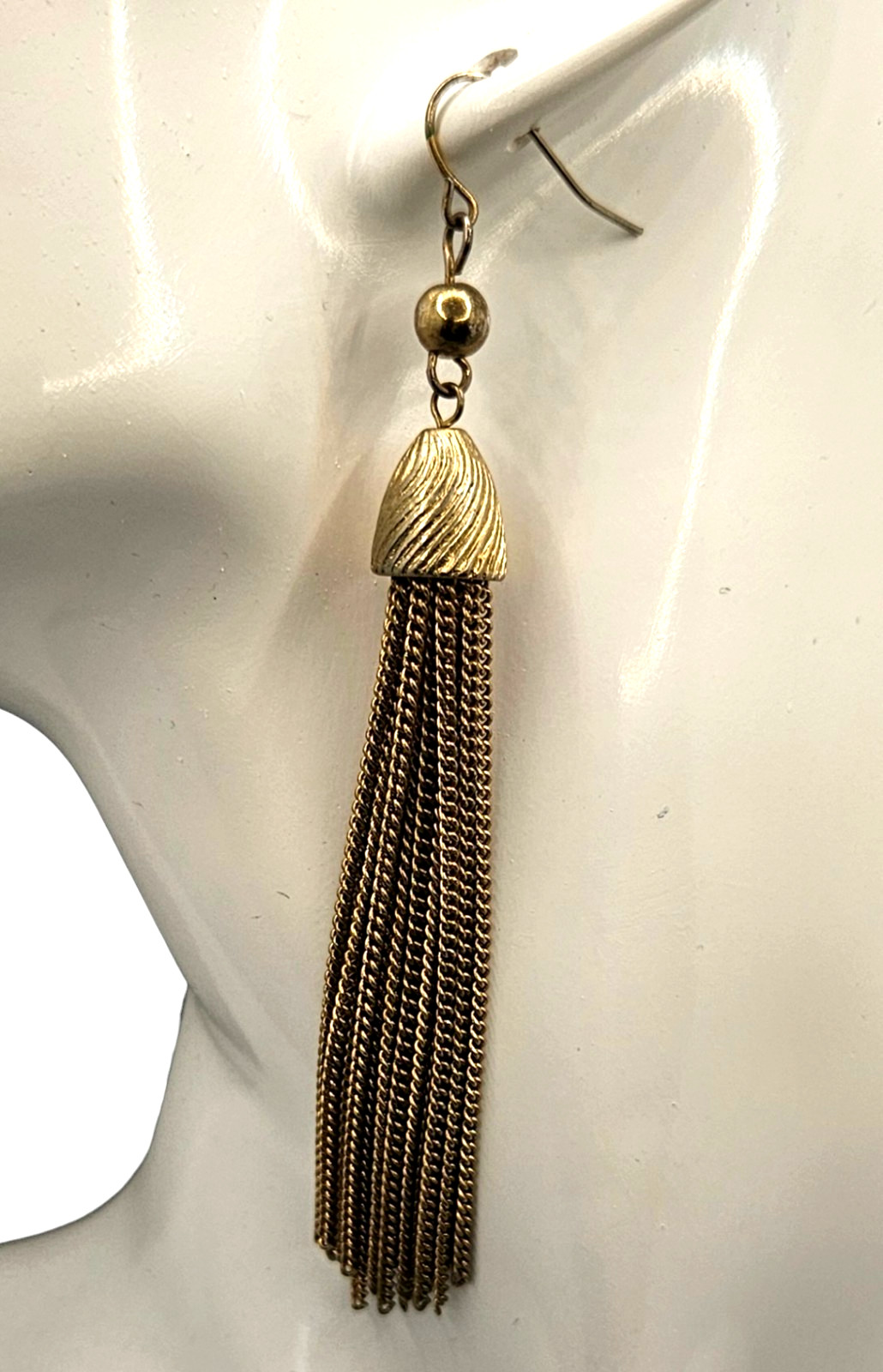 Vintage Tassel Earrings Gold Tone Hook Chain Dangle Runway Statement Long 3.5″