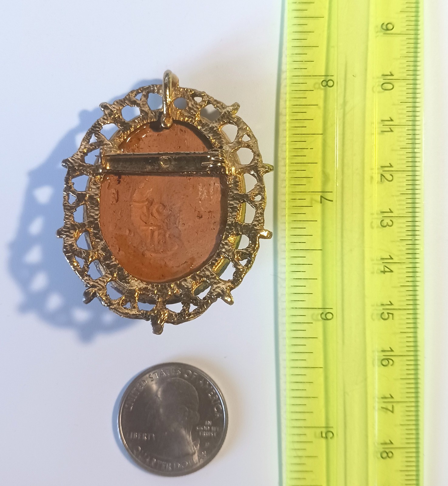 Vintage Signed Brooch: Carved Clay African Face in Ornate Gold-tone Frame
