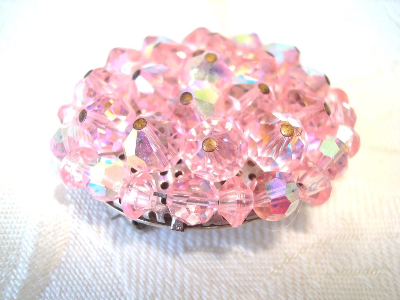 Vintage Beaded Cluster Brooch With Pink Crystal Glass & Plastic Beads KJ