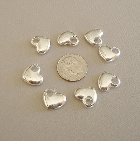 10pcs-Sterling Silver Plated Heart Charm, Pendant, Double Sided.