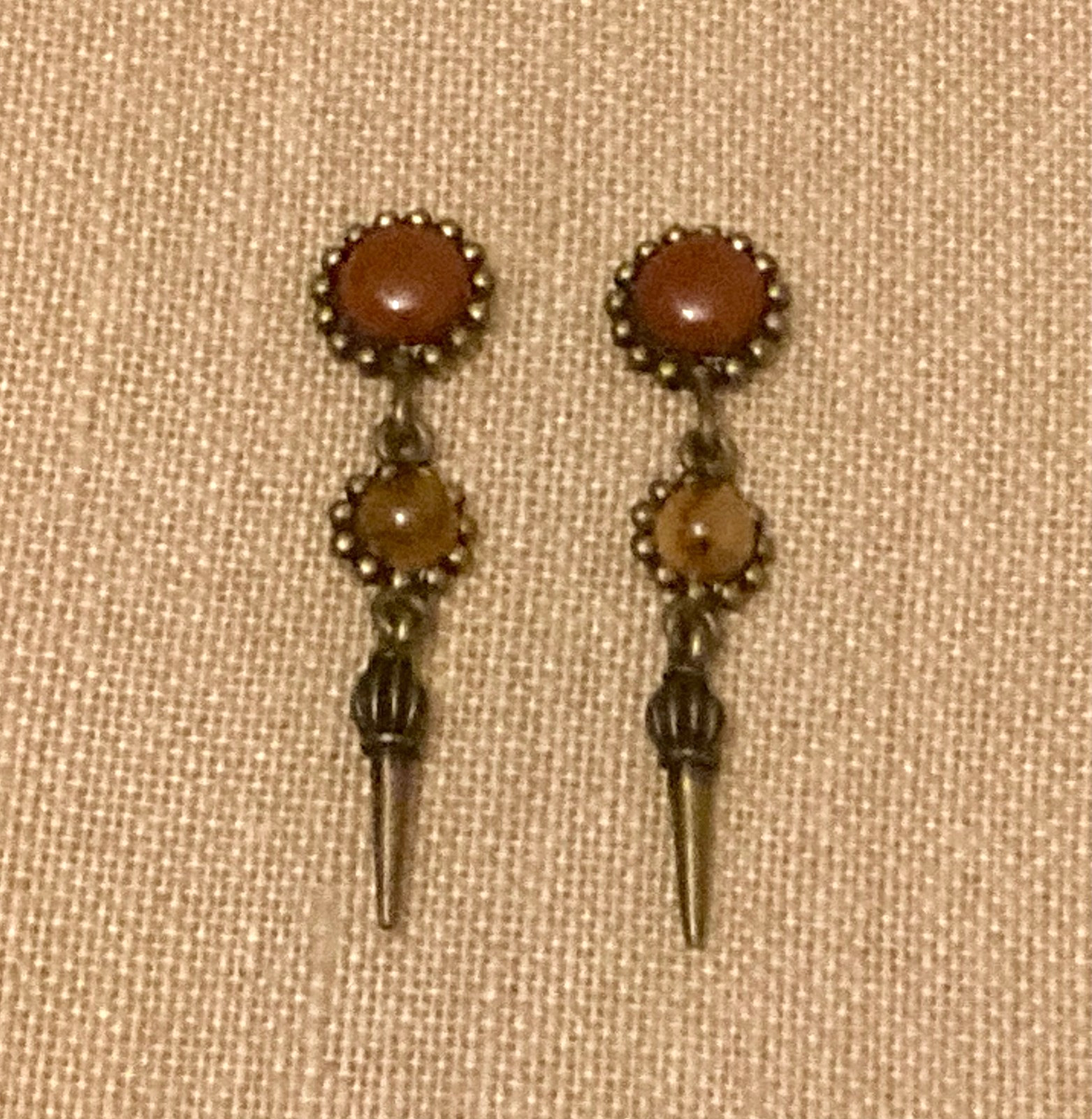 Vintage Earrings Red Amber Color Stone Dangle Pierced Post Ethnic Tribal Boho