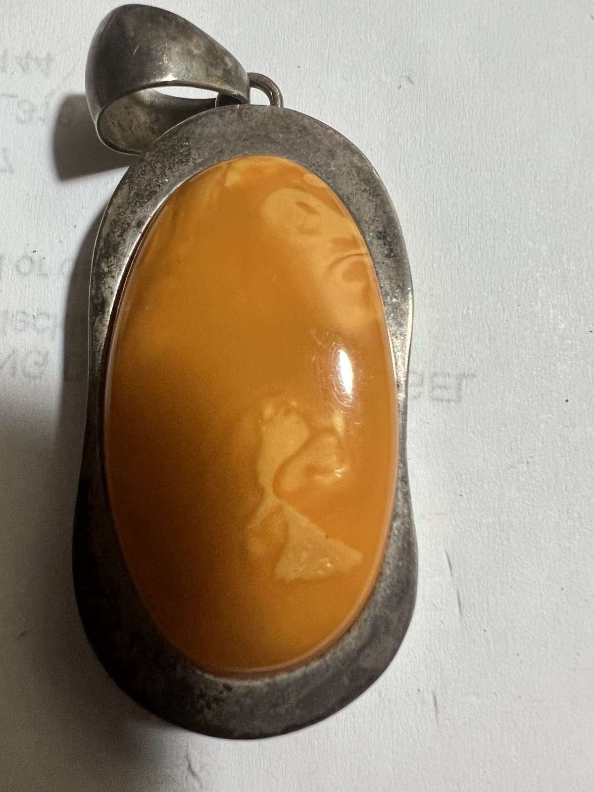 Vintage Sterling Silver Butterscotch Amber Cabochon Pendant 30g