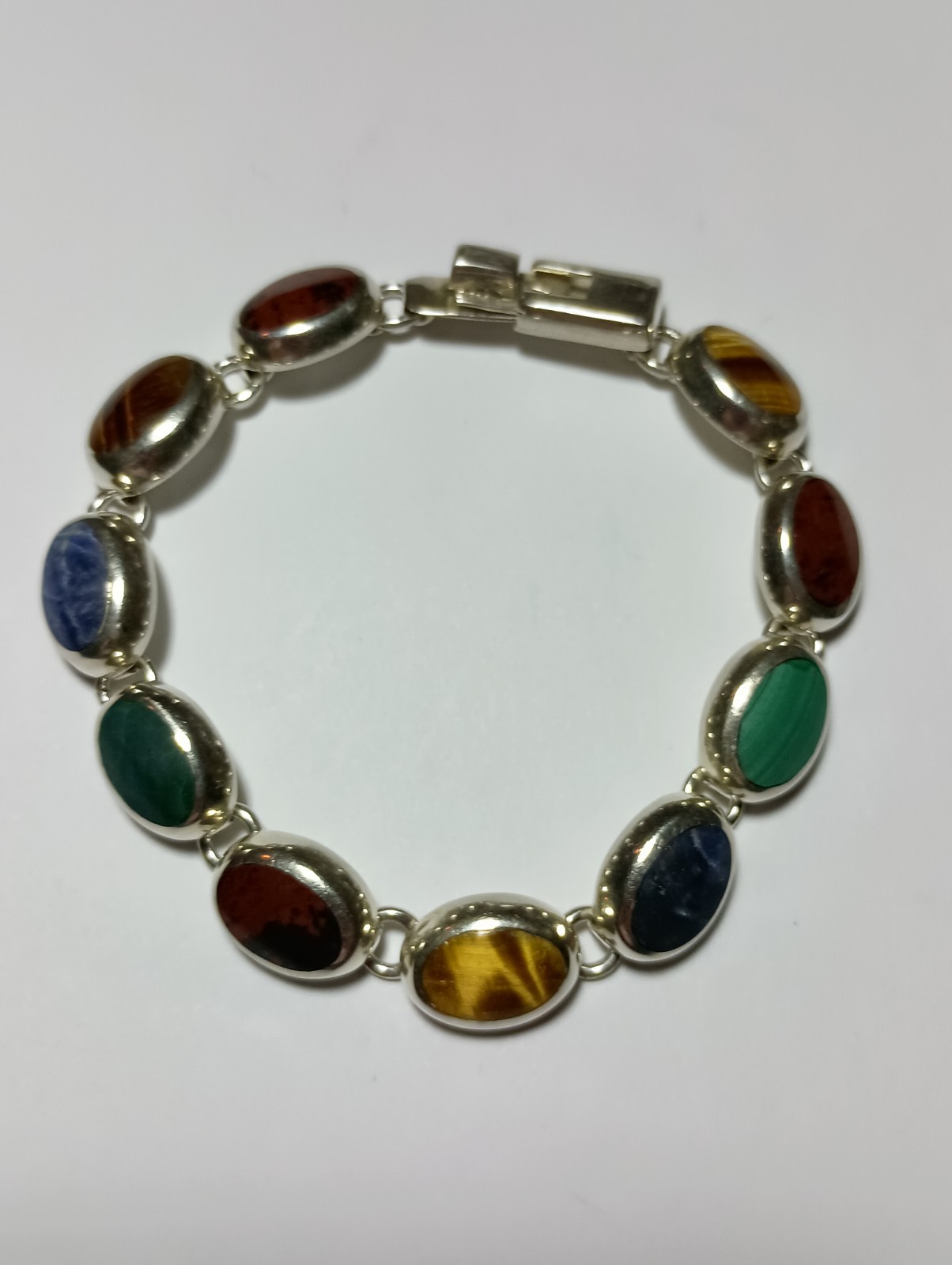 925 Sterling Silver MWS Mexico Vintage Multi Natural Gemstone Cabochon Bracelet!