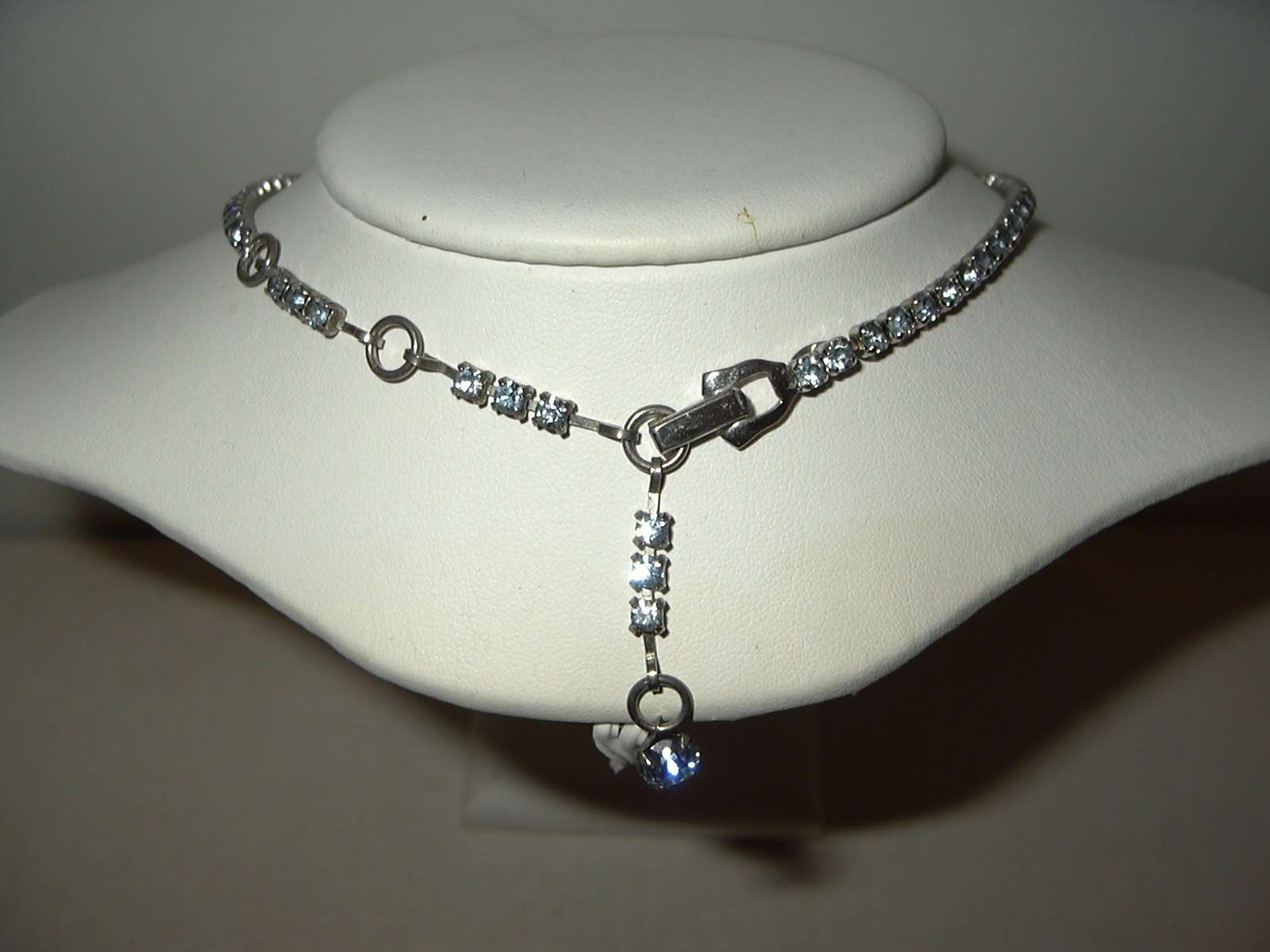 Vintage Signed BUYER BROS Silvertone & Blue Rhinestone Drop Adjustable Necklace