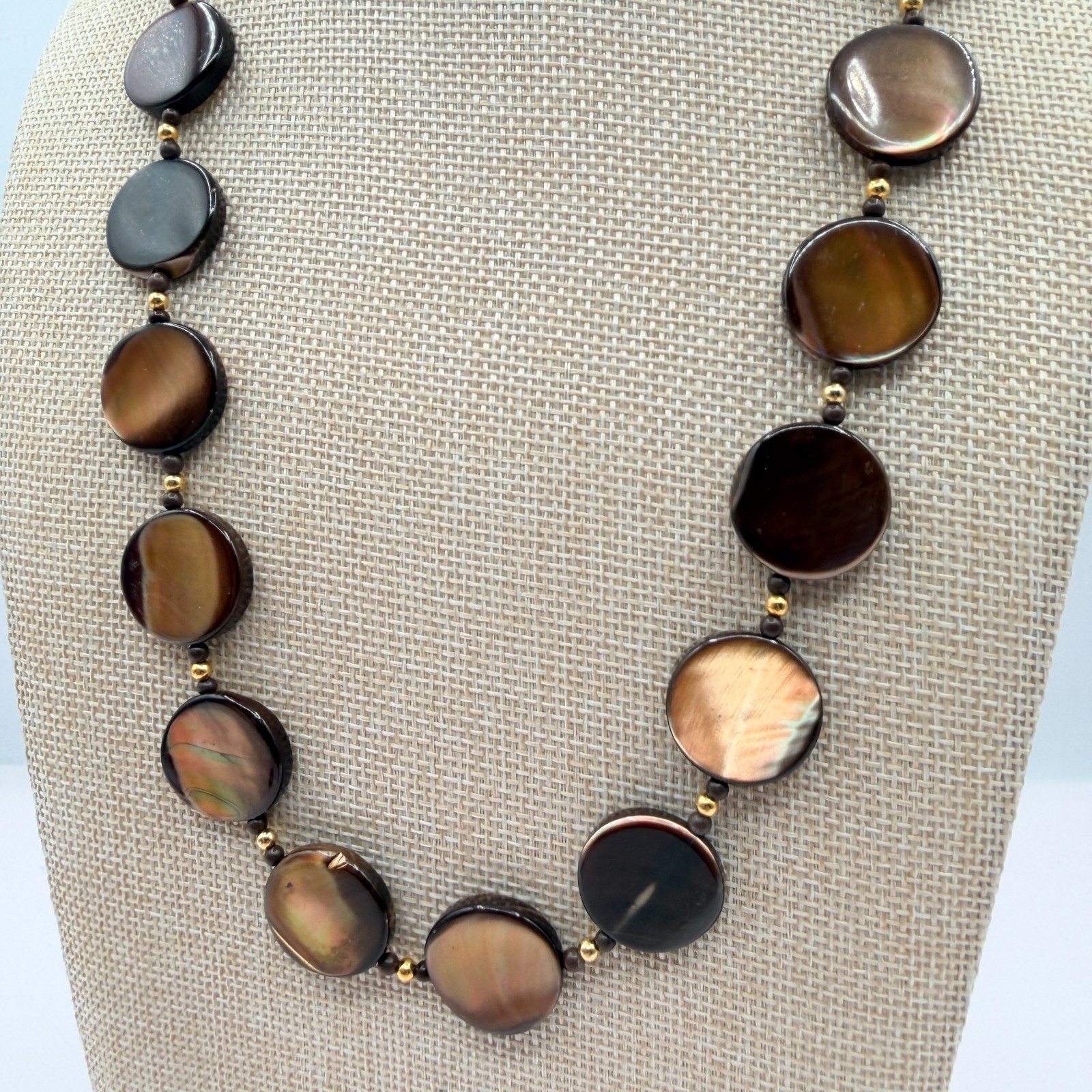Vintage Golden Brown Shell Disc Necklace MOP Retro Boho 90s Chunky Statement