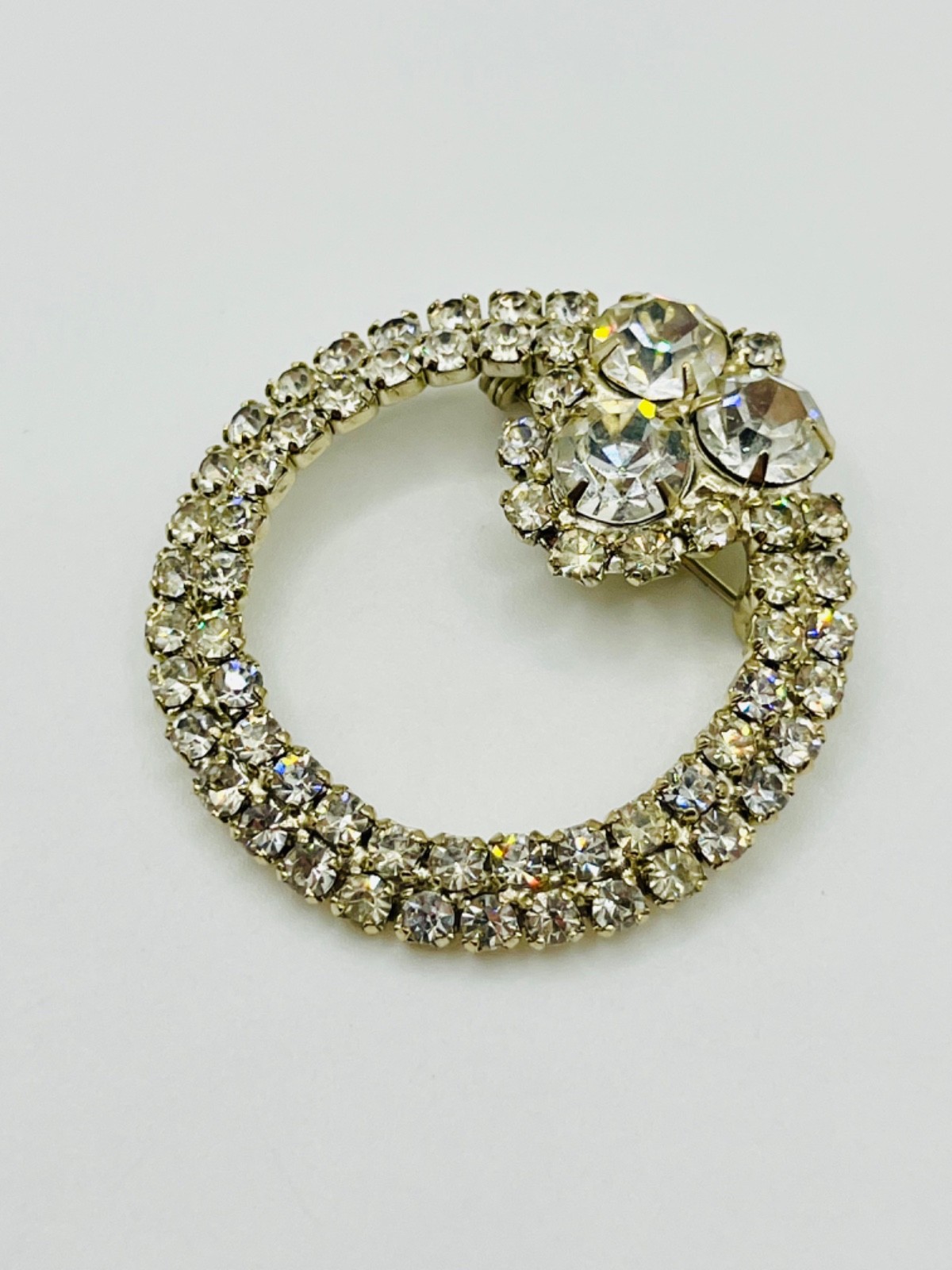 Vintage Clear Rhinestone Wreath Brooch Silver Tone