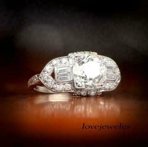 Art Deco Vintage 3CT Lab-Created Round Cut Diamond Ring 14K White Gold Finish