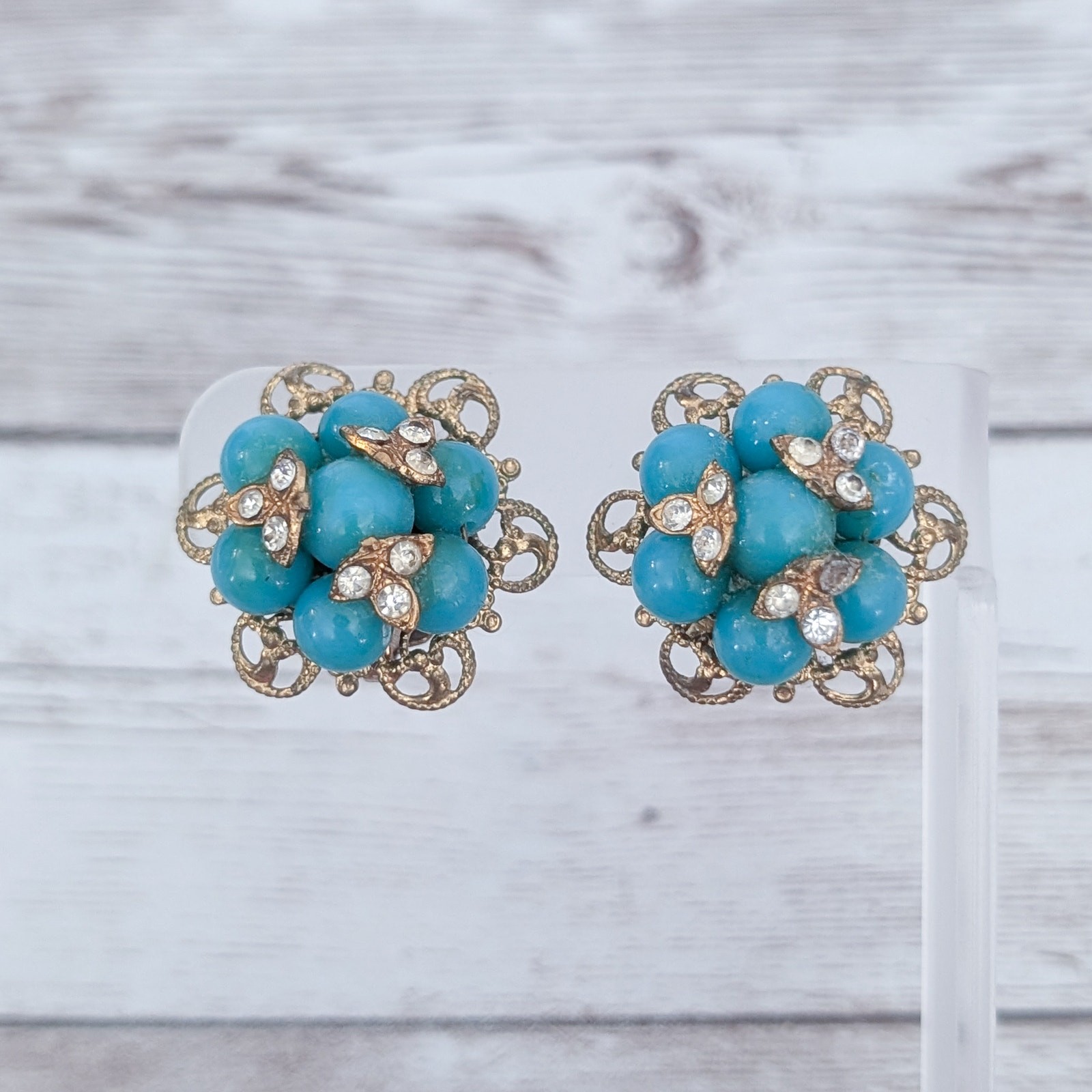 Vintage Clip On Earrings Turquoise Tone, Clear Gem – Clip Repair Needed