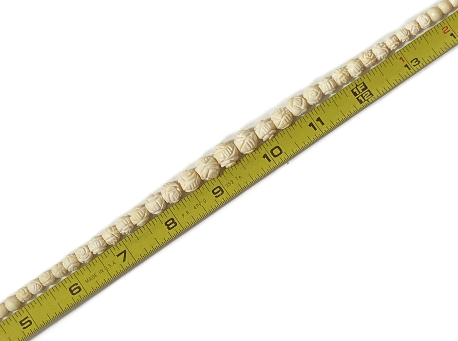 19″ Bovine Bone Necklace 29-Carved Rose, 50-Smooth Graduated Beads 4mm-22mm