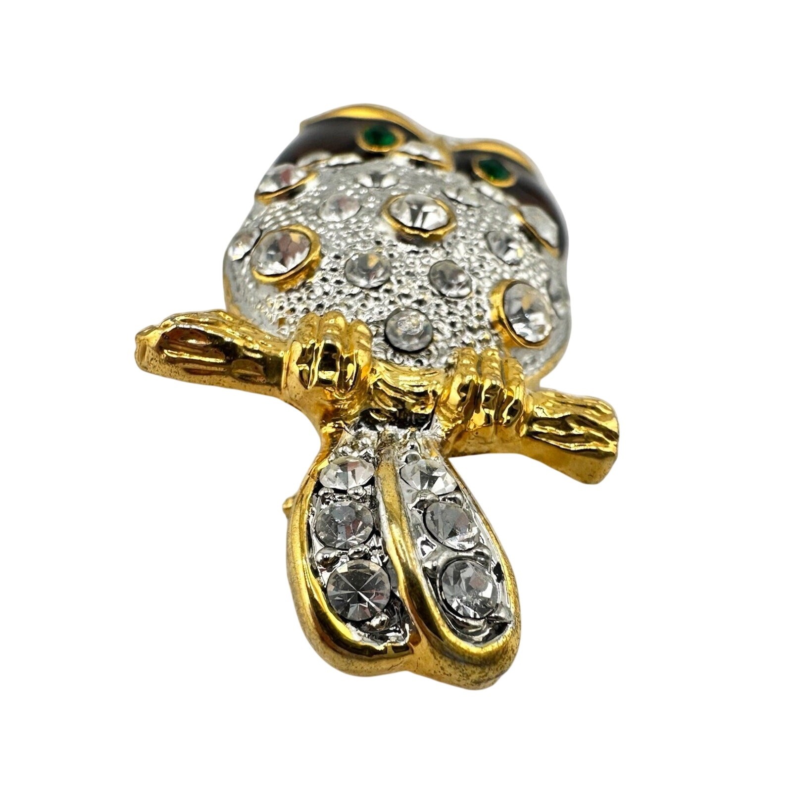 Vintage Rhinestone Owl Two Tone Crystal Accent Enamel Stunning 2.25×1” Brooch