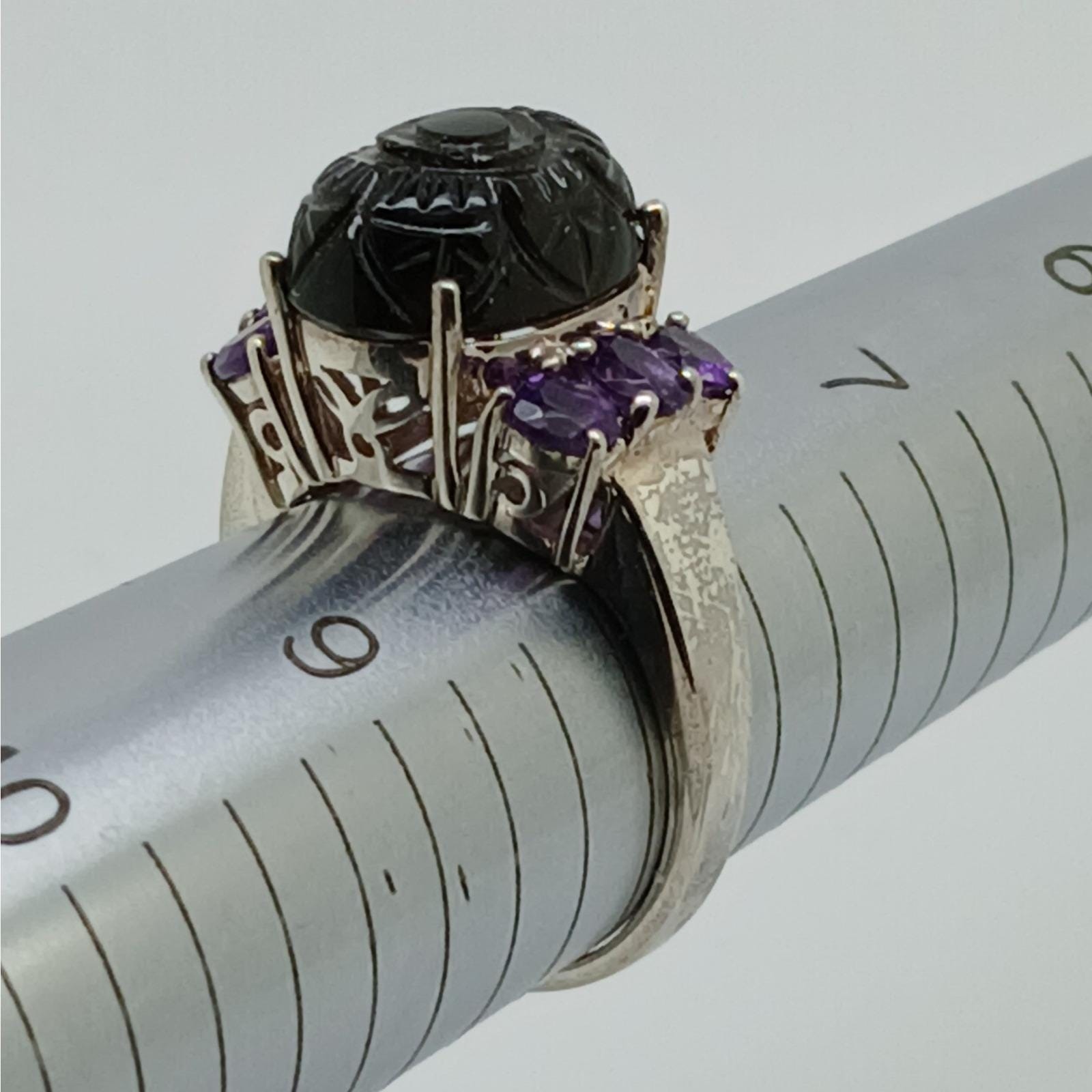 Vintage 1990s Thailand CBS 925 Sterling Silver Carved Onyx Amethyst Ring Size 8