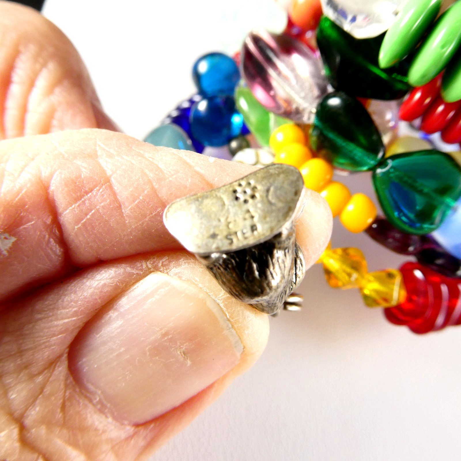 Vintage Fruit Salad Art Glass Coil Wrap Bracelet 2 Sterling Silver Charms HEART