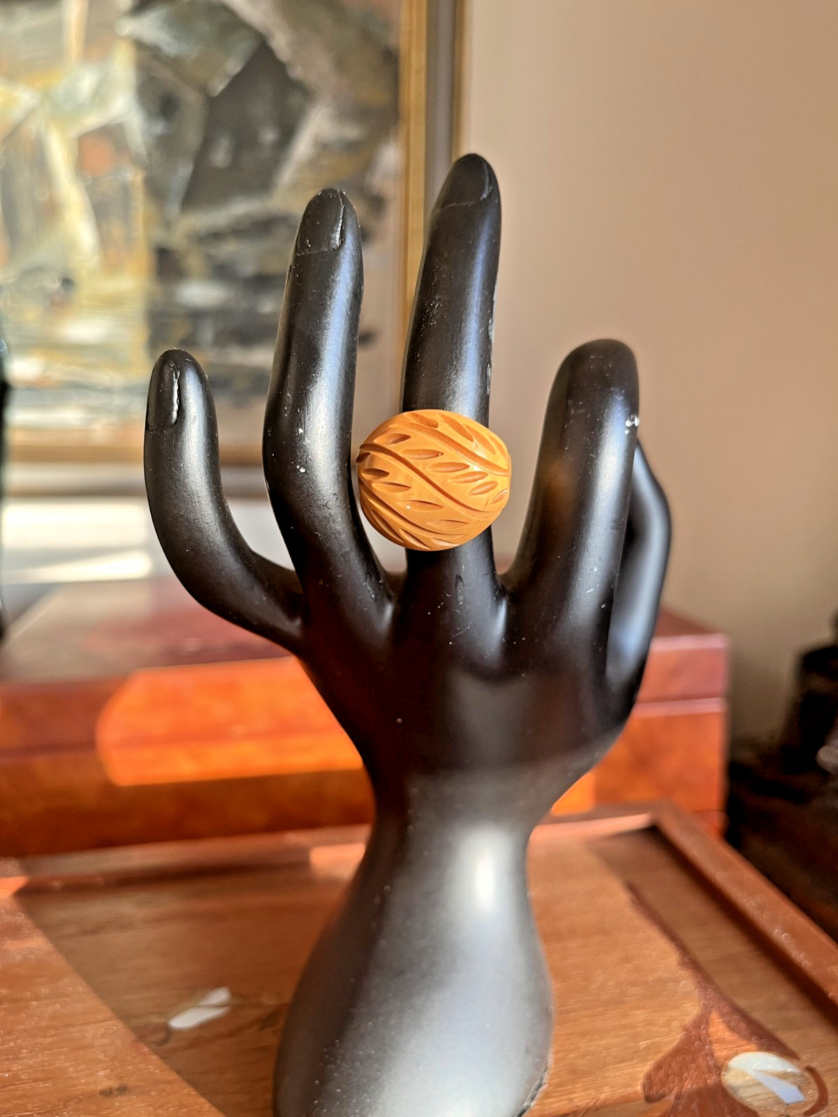VTG Art Deco Dome Ring Bakelite Carved Butterscotch 6.5-7 Yellow HTF Collectible