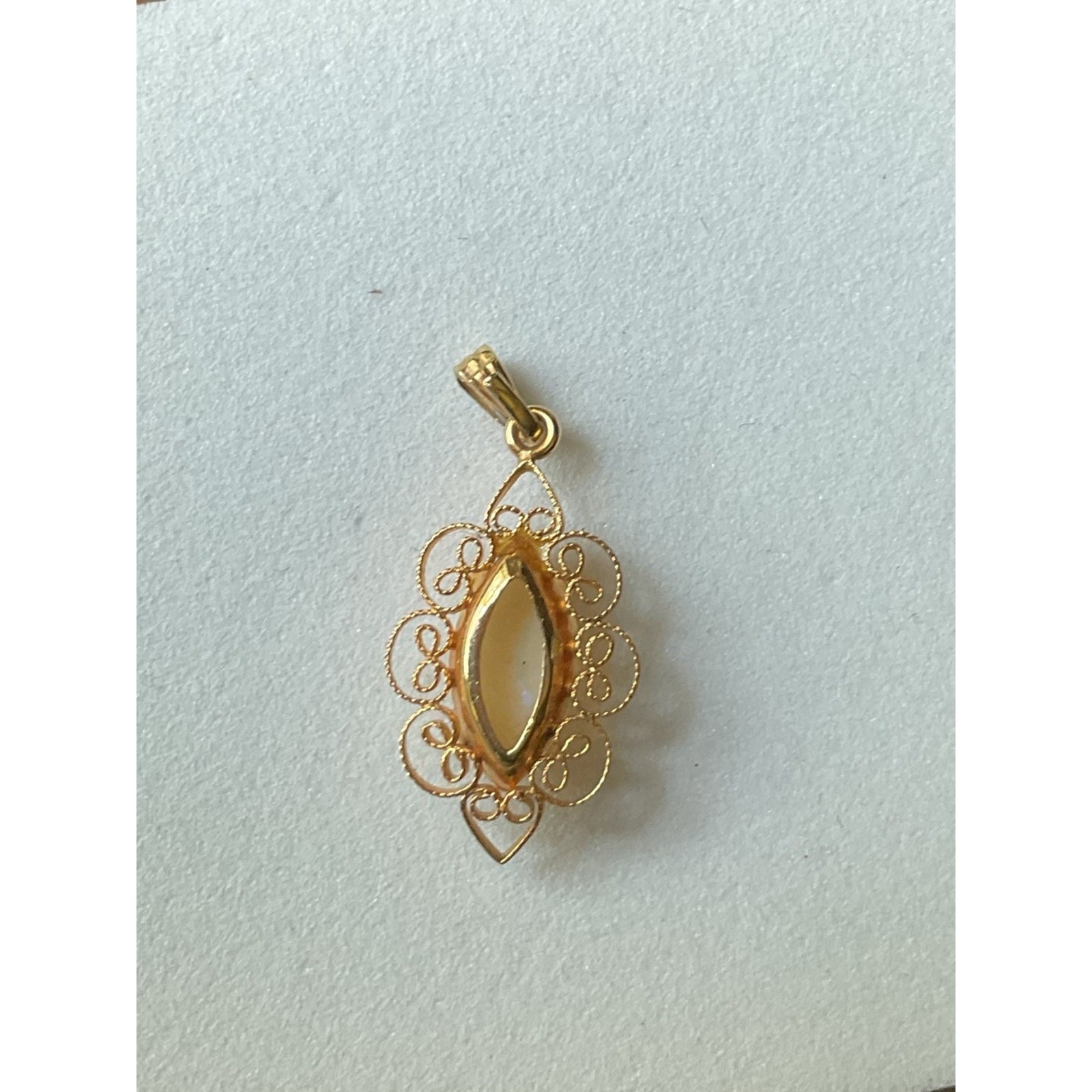 Vintage Faux Fire Opal Filigree Small Necklace Pendant Gold Tone