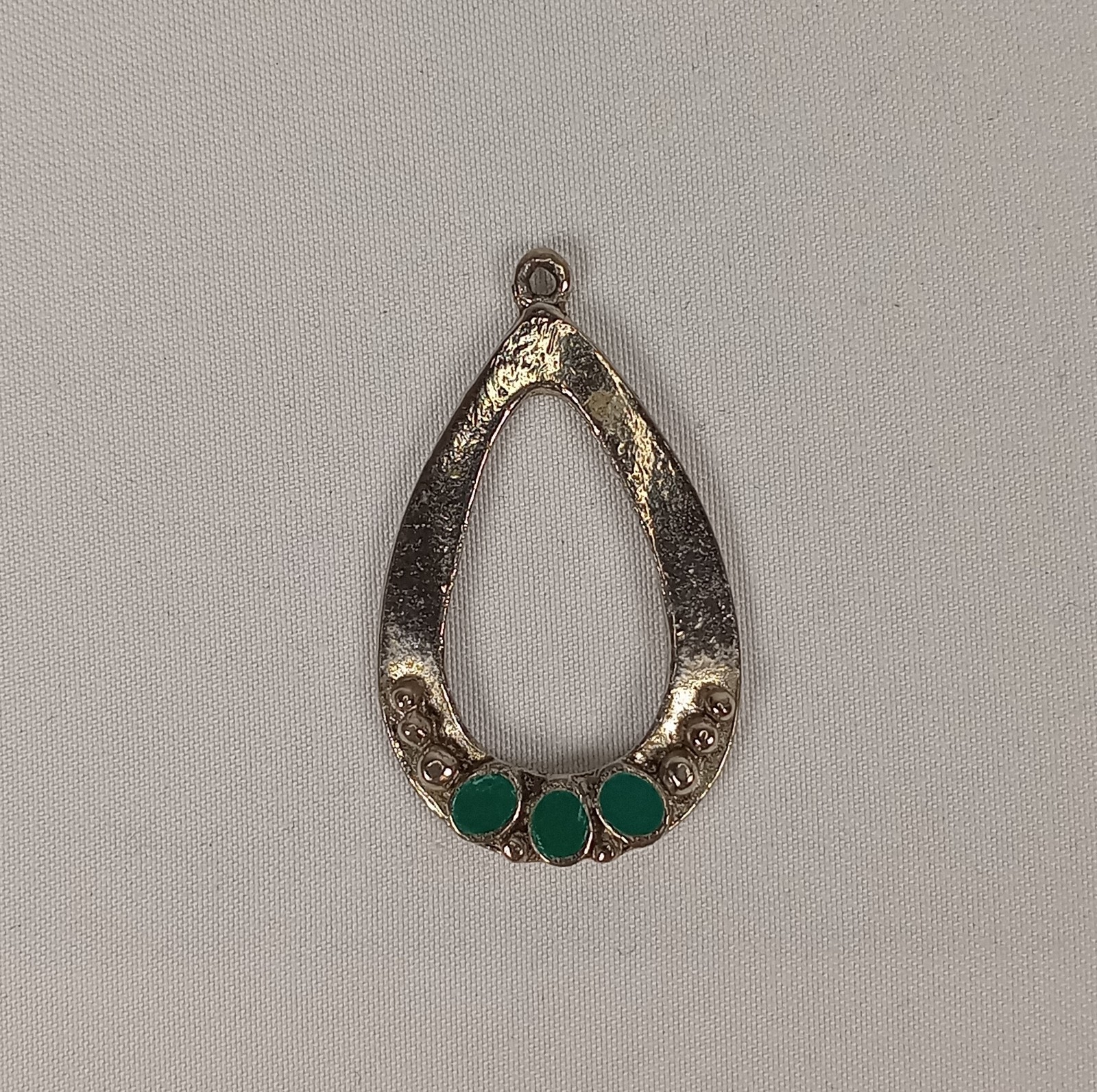 Vintage Open Teardrop Pendant Green Cabochon Bead Accent Silver Tone 1.25″