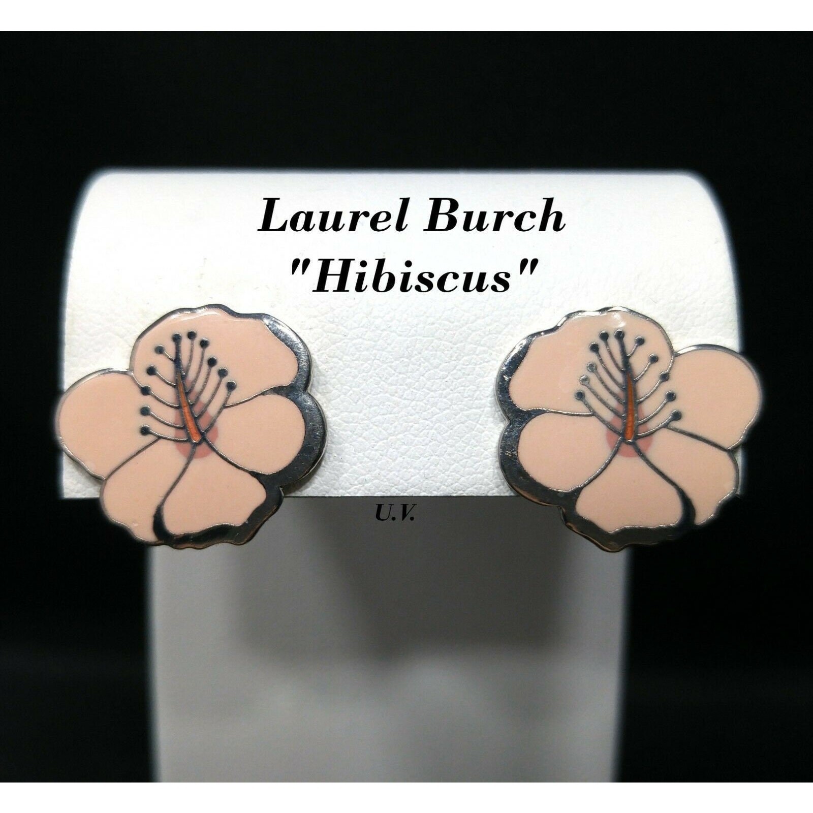 Laurel Burch “Hibiscus” Pink Post Earrings, Rhodium Plated Silver Tone, 1980s