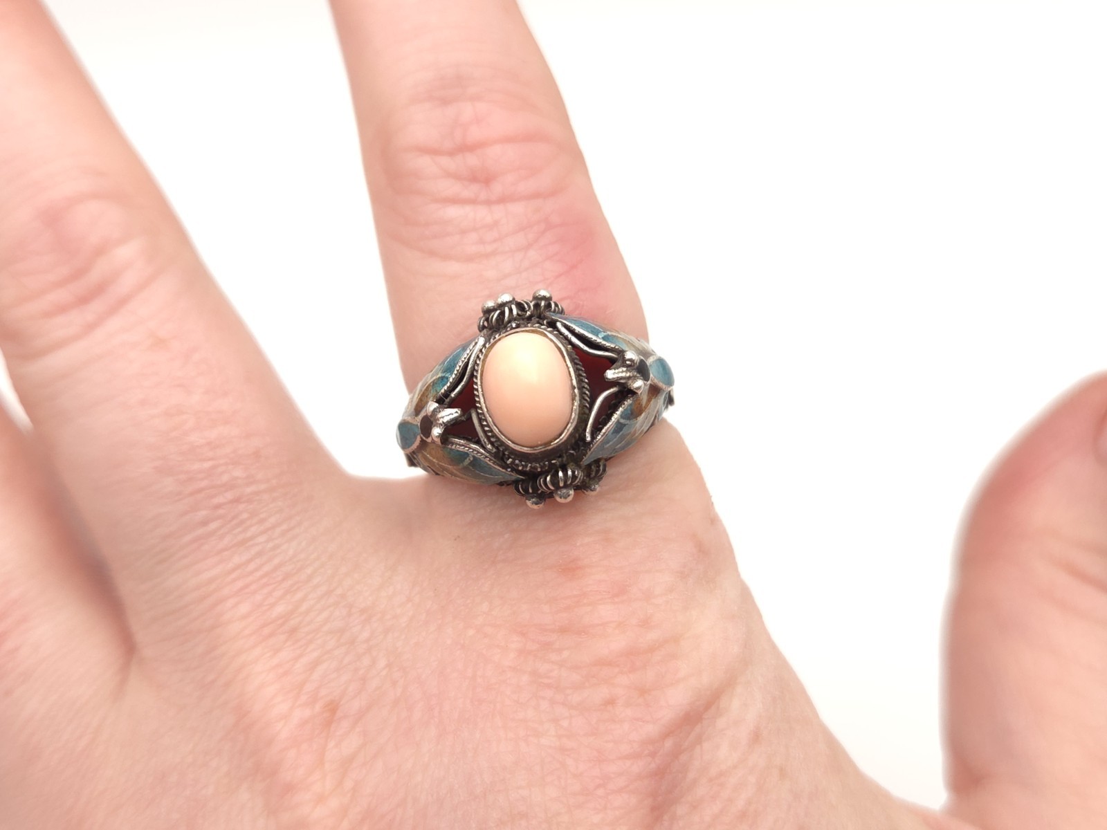 Vintage BJ Designer Sterling Silver Enamel Butterfly Pink Coral Ring Sz. 9
