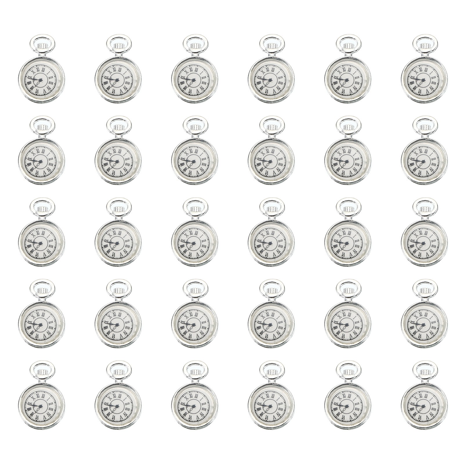 30Pcs 0.67×0.43″ Zinc Alloy Watch Clock Charm Pendant, Silver Tone