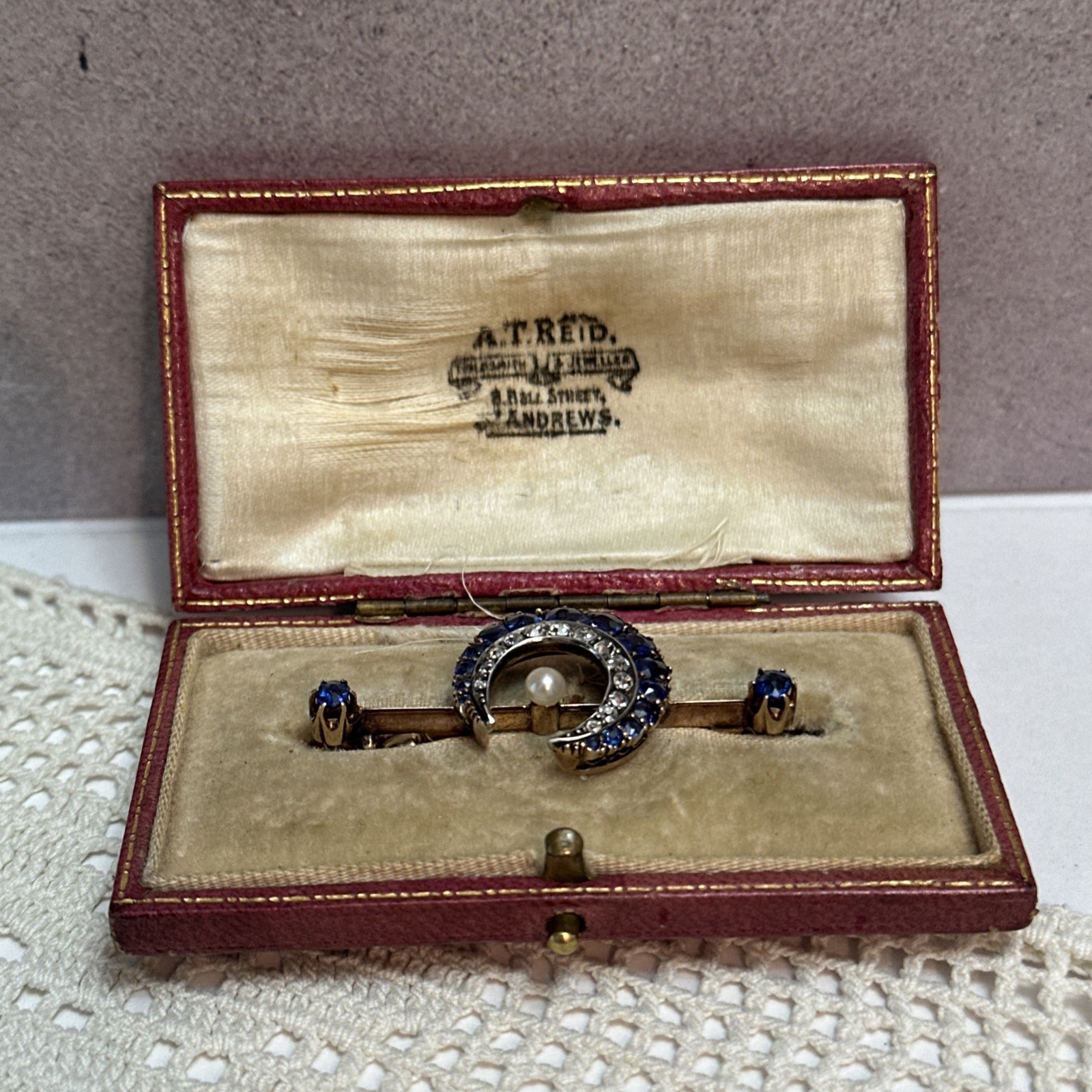 Late 19th Century MOON Sapphire, Diamond & Pearl Broach Set In 9-12k Gold w BOX