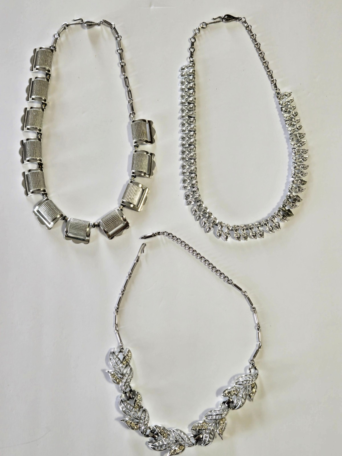Coro Vintage Chunky Silvertone Necklaces, 2 Signed on Hook, 1 With Stone Accents